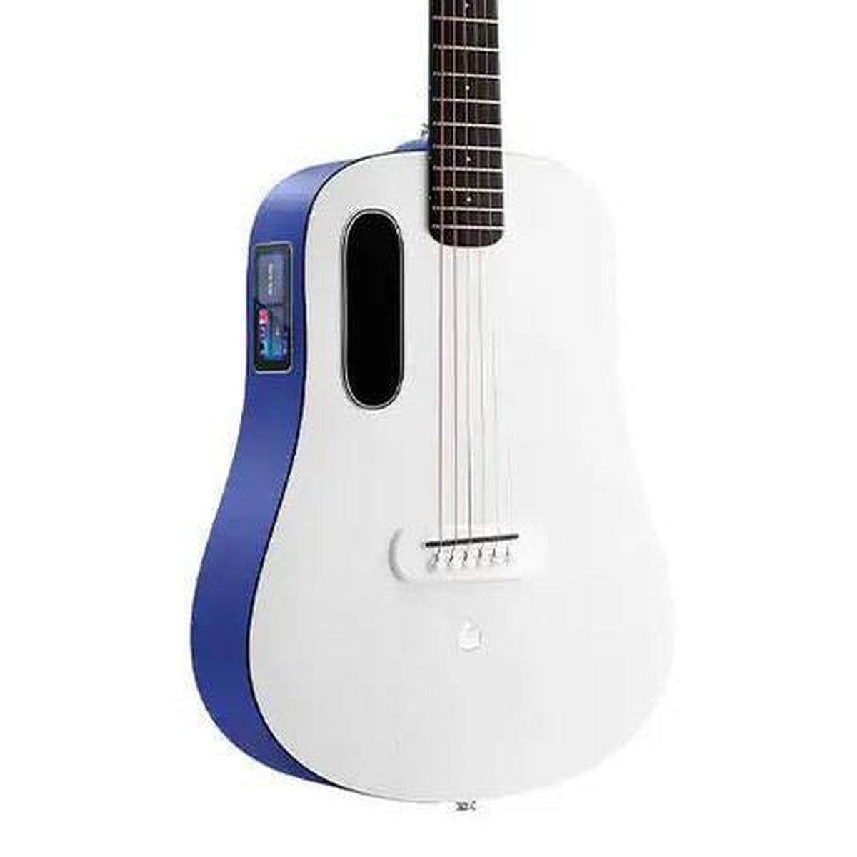 Body front of the LAVA ME PLAY 36" HPL Acoustic-Electric Guitar - Deep Blue/Frost White, with some of the fretboard