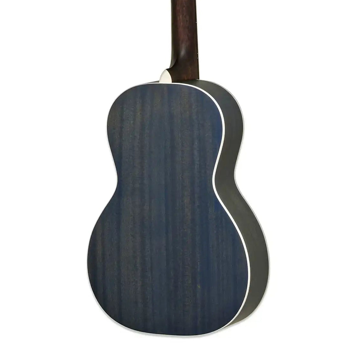 Body back of the Aria 131-UP-STBL Urban Player Stained Blue Parlor Guitar, with the base of the neck