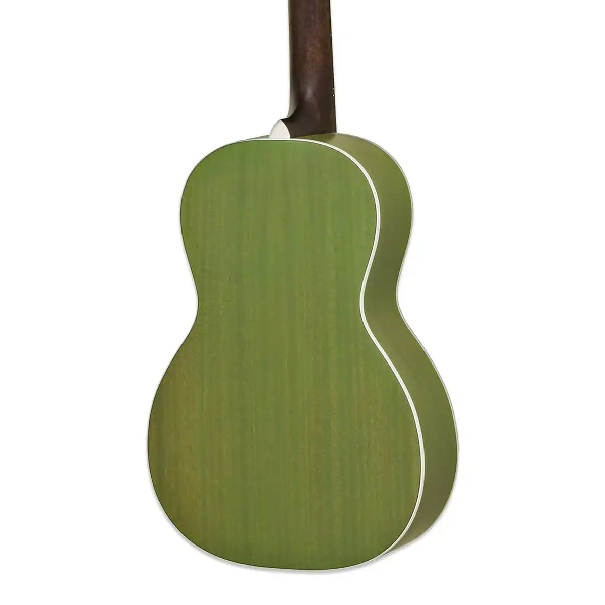 Body back of the Aria 131-UP-STGR Urban Player Stained Green Parlor Guitar, with the base of the neck