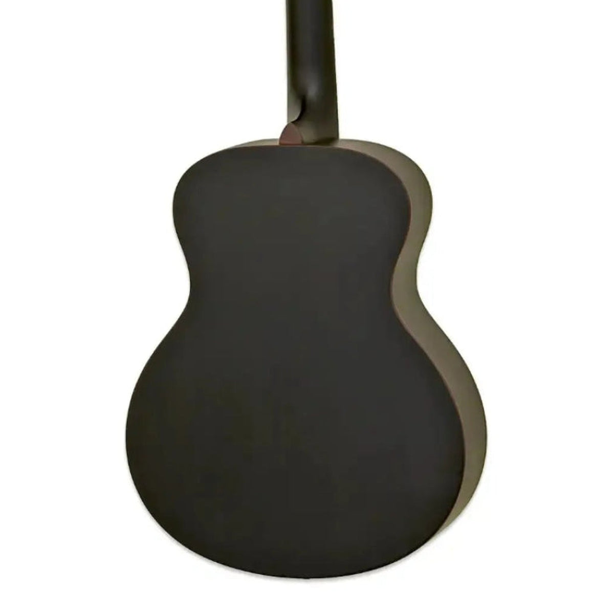 Body back of the Aria 151-Lil' Matte Black Spruce Top Acoustic Guitar, with the base of the neck