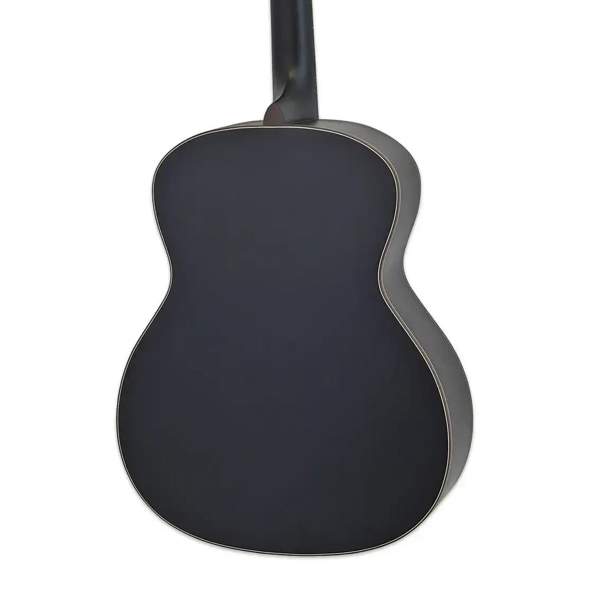 Body back of the Aria 101-MTBK-OM Matte Black Spruce Top Orchestra Guitar, with the base of the neck