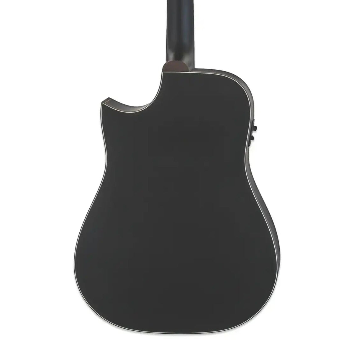 Body back of the Aria 111-CE-MTBK Matte Black Acoustic Electric Dreadnought Guitar, with the base of the neck