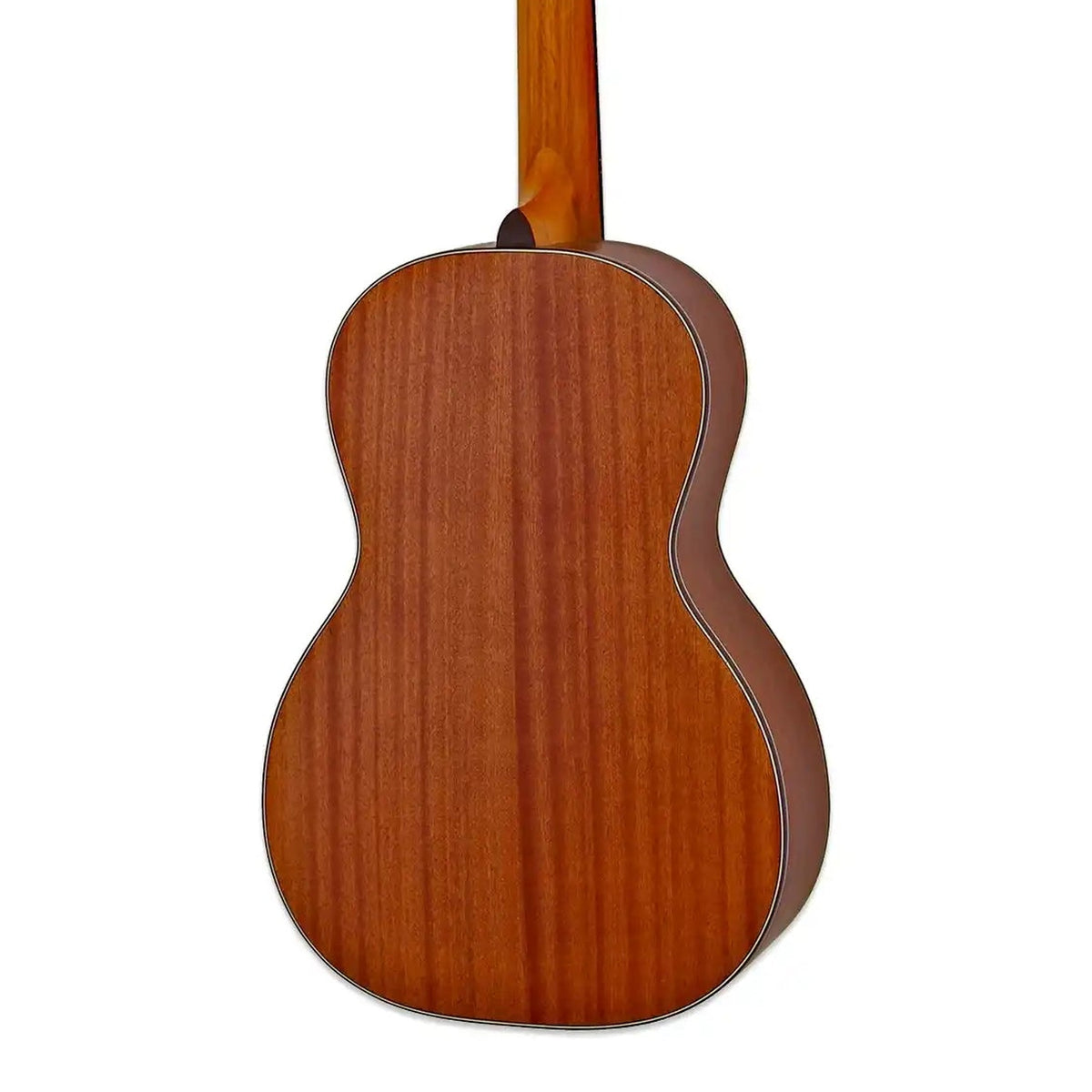 Body back of the Aria 131-MTN Matte Natural Spruce Top Parlor Guitar, with the base of the neck