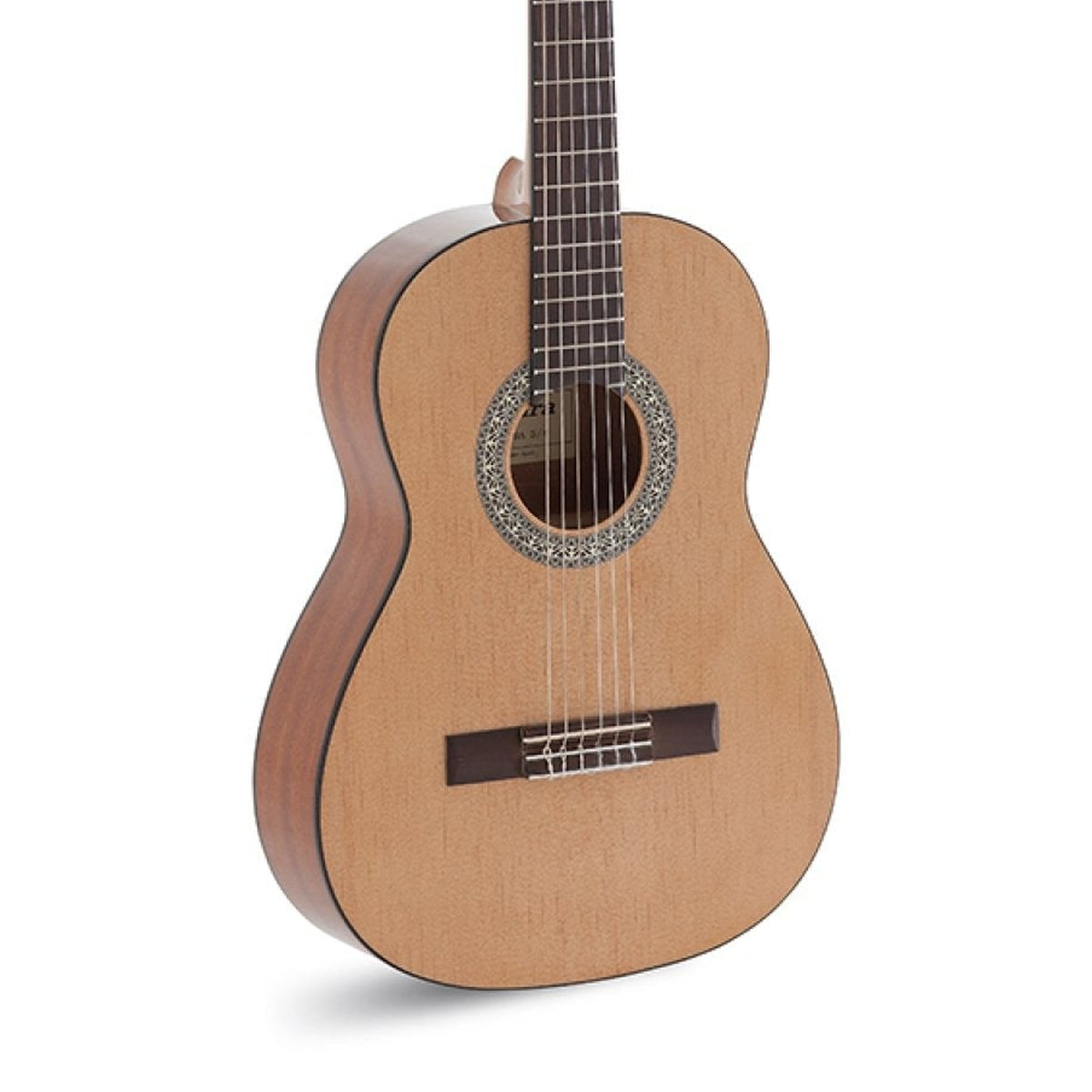 Body front of the Admira ALBA 3/4 Beginner Series Classical Acoustic Guitar Pack, with some of the fretboard
