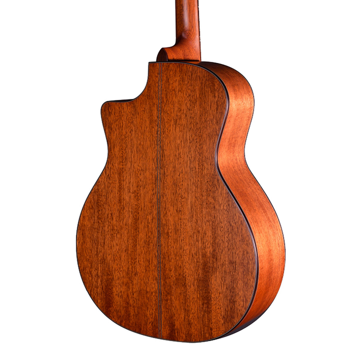 Body back of the Crafter ML G-MAHO CE Anniversary Series Cutaway Grand Auditorium Acoustic-Electric Guitar, with the base of the neck