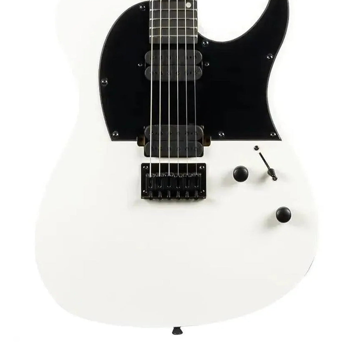 Body front of the Spira T-400 MWH Satin White Solid Body Telecaster Electric Guitar, with some of the fretboard