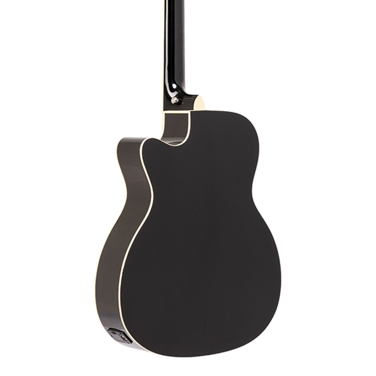 Body back of the Stagg SA40BASS ACE-BK Acoustic-Electric Jumbo Bass Guitar with Cutaway, with the base of the neck