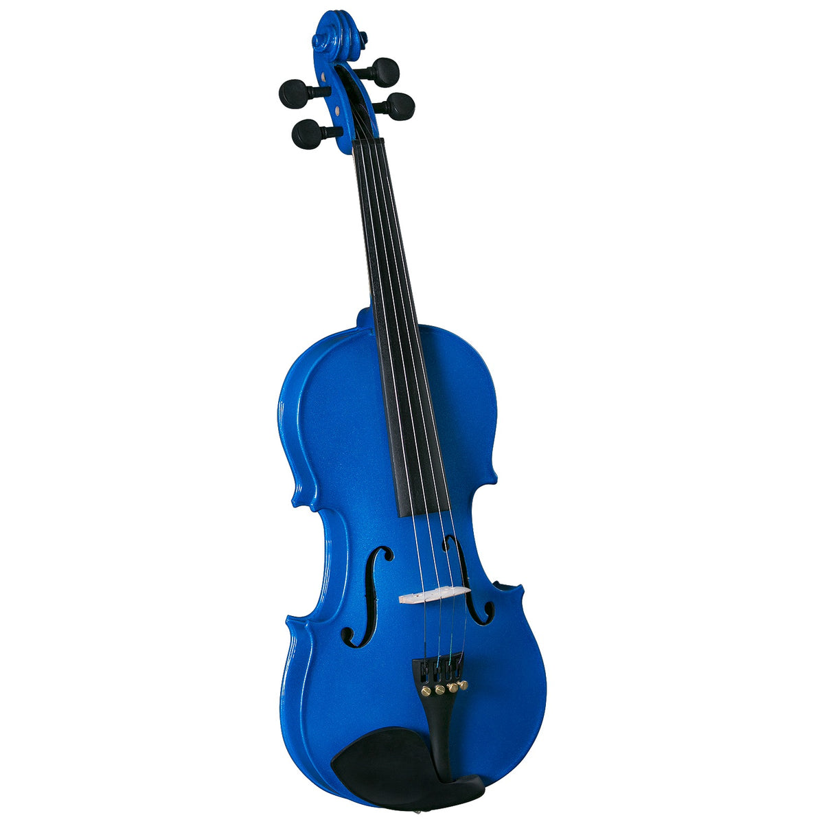 Front of the Anton Breton AB-05BU sparkling blue student violin showing the f-holes, fingerboard and tailpiece