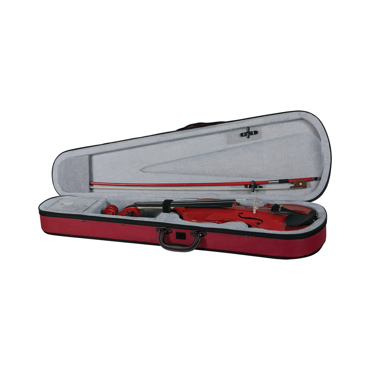 Open shaped violin case in sparkling red with the Anton Breton AB-05RD violin and bow inside