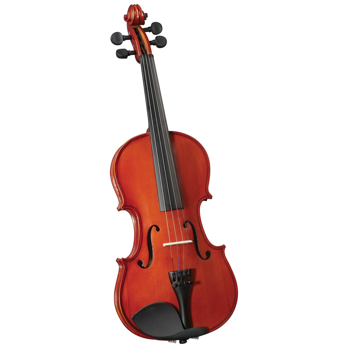 Front of the Anton Breton AB-05 traditional red student violin showing the f-holes, fingerboard and tailpiece