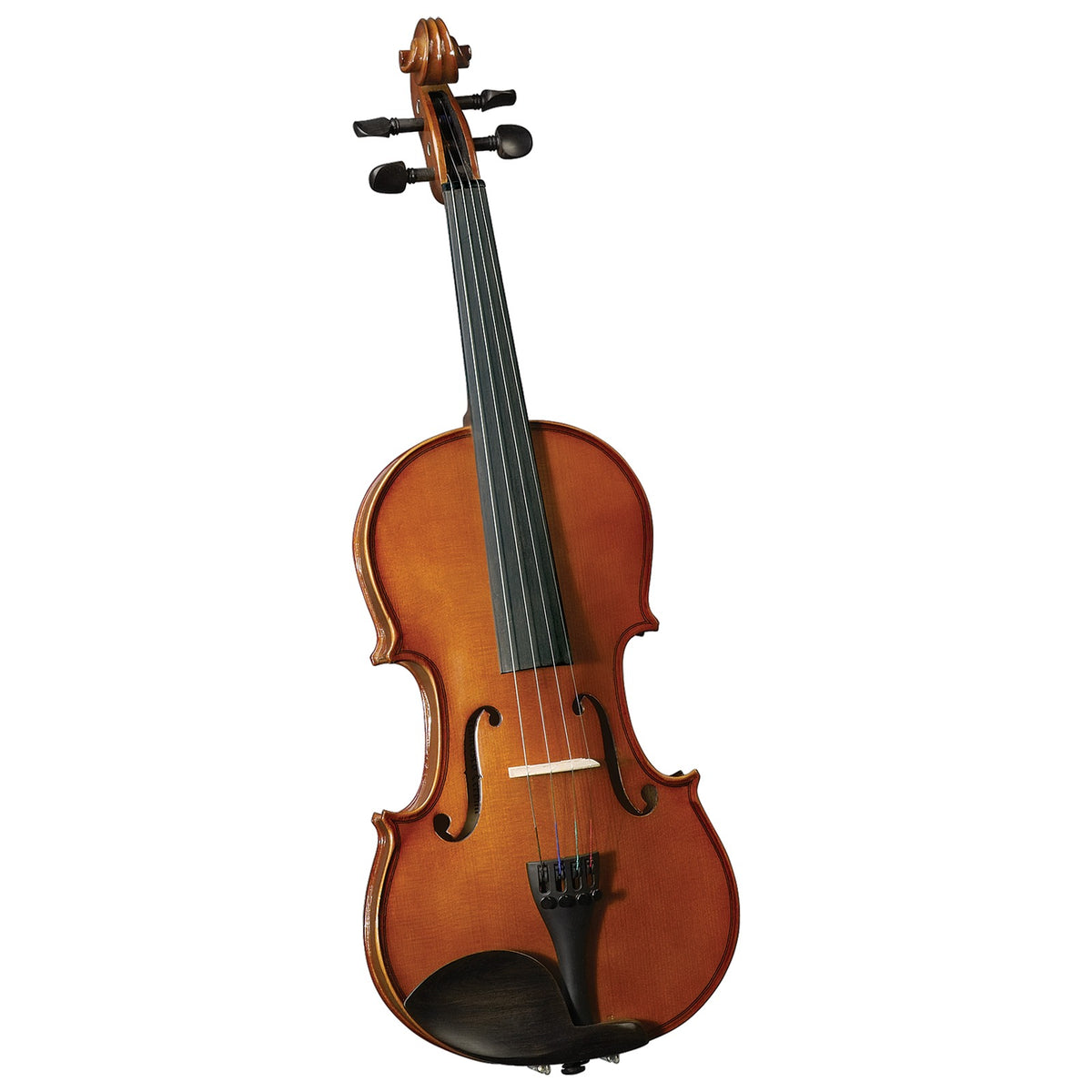 Front of the Anton Breton AB-20 warm brown student violin showing the f-holes, fingerboard and tailpiece