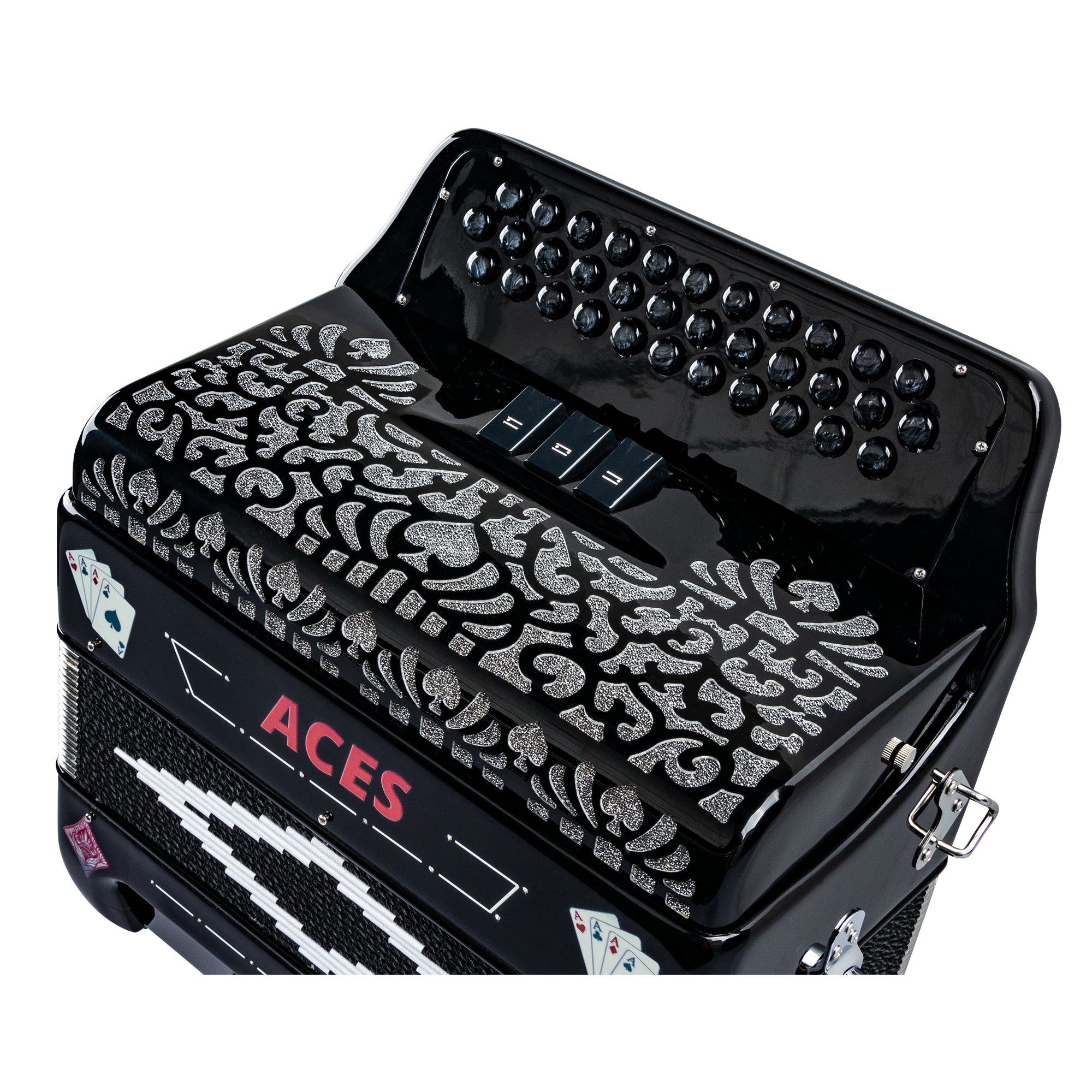 A black acoustic button accordion with ornate silver playing key engravings, featuring the brand name 'ACES' in red on the front.