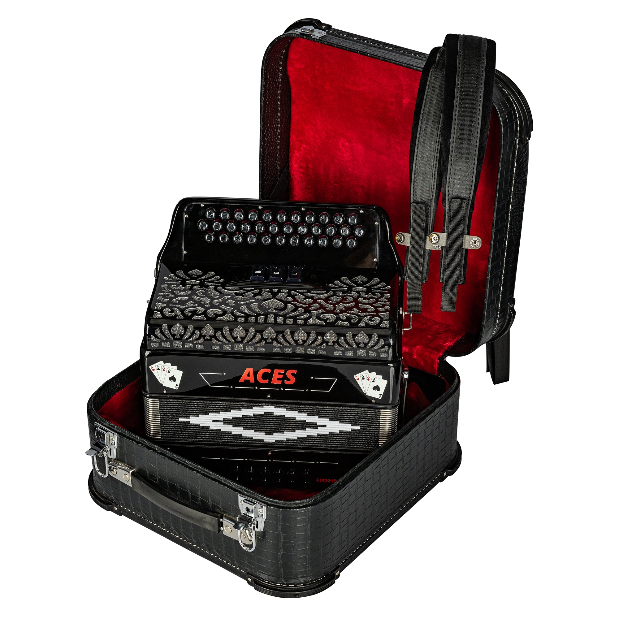 A black crinkle-textured hard carrying case opened to reveal a black and white accordion inside, with a bright red velvet-lined interior. The accordion has 'ACES' printed in red on the front.