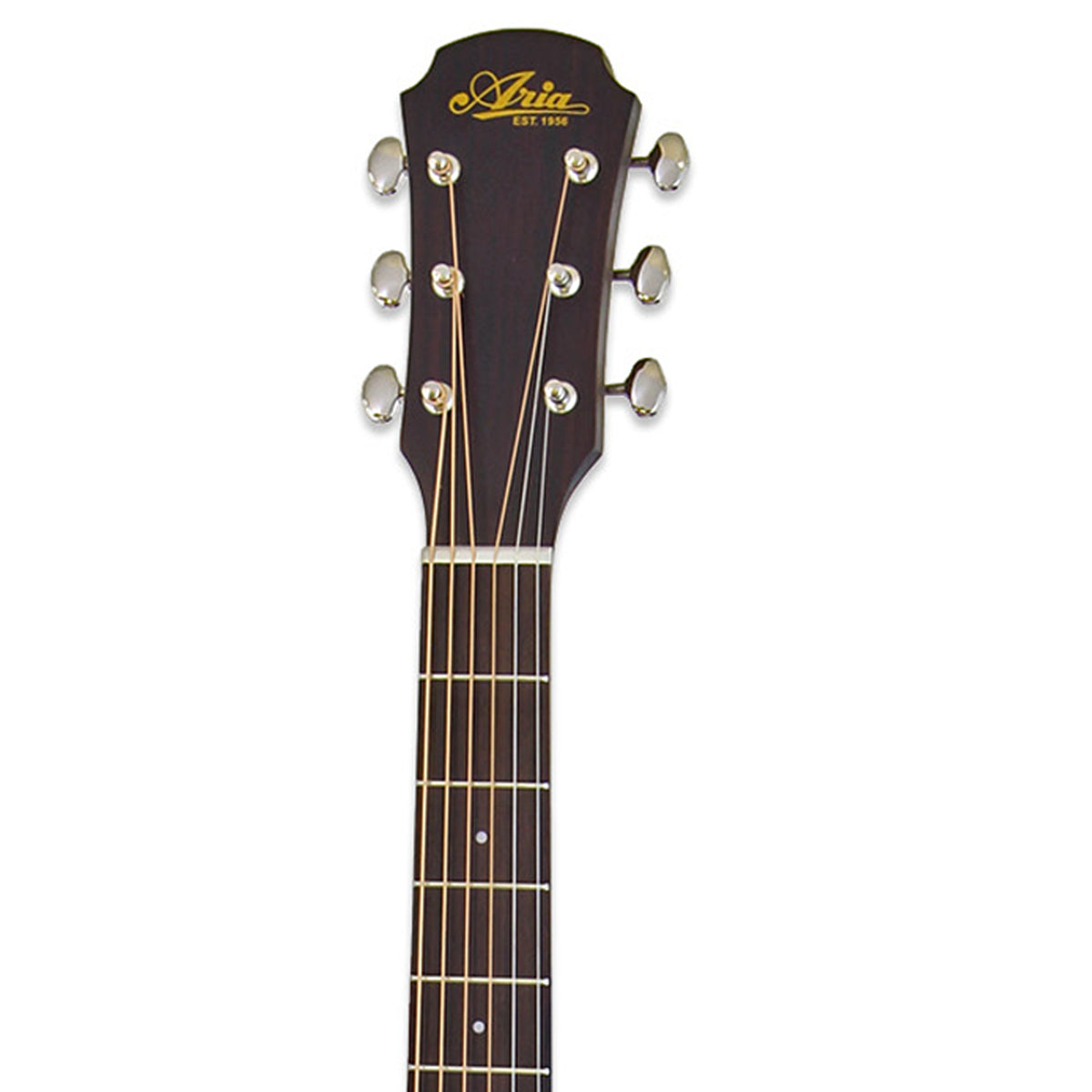 Close-up of the headstock and upper neck of an Aria acoustic guitar, showing the dark wood finish, six silver tuning pegs, and six strings against a plain white background.
