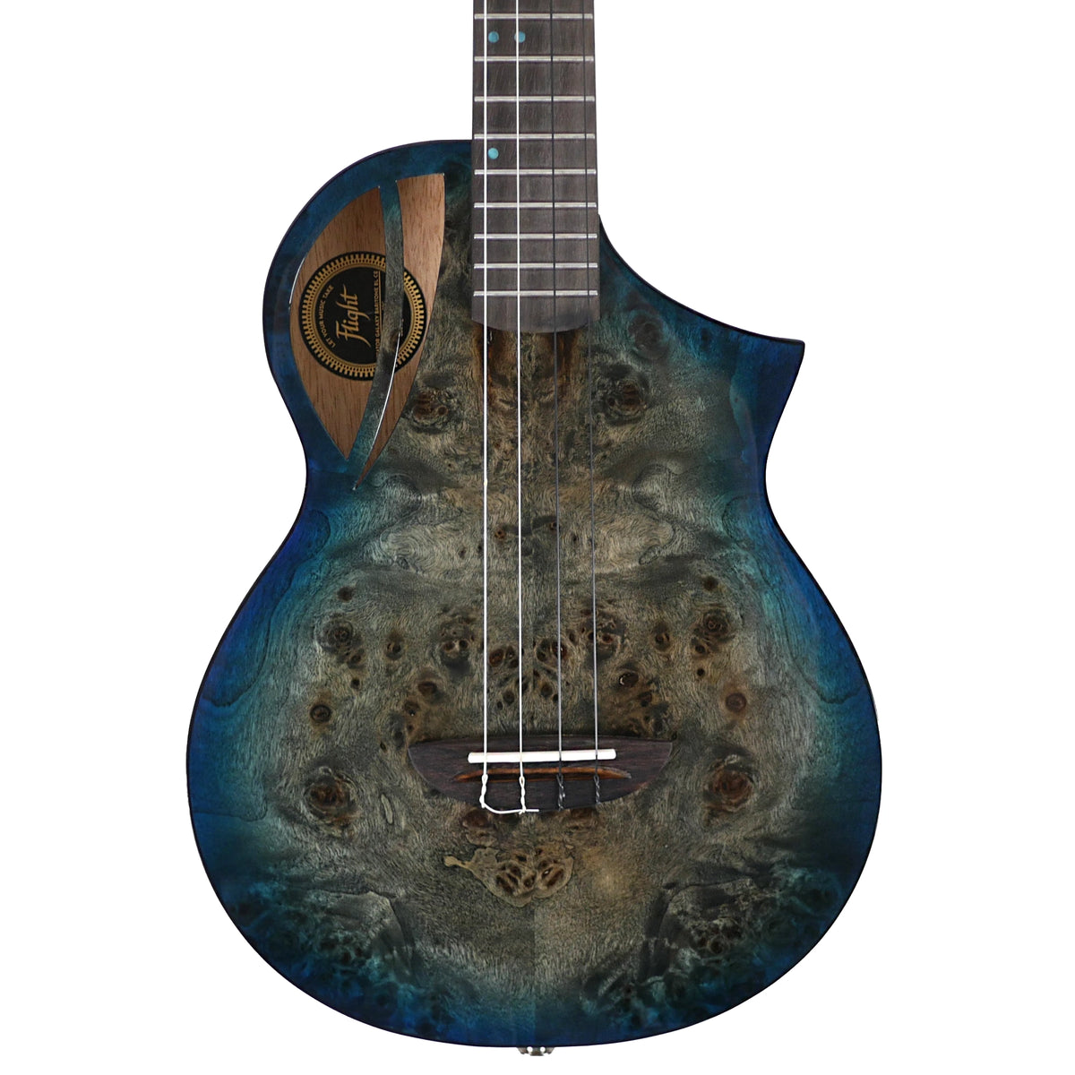 The Flight Galaxy BL CE Baritone Ukulele showcases its solid poplar top with a distinctive Deep Blue Galaxy Burst finish.