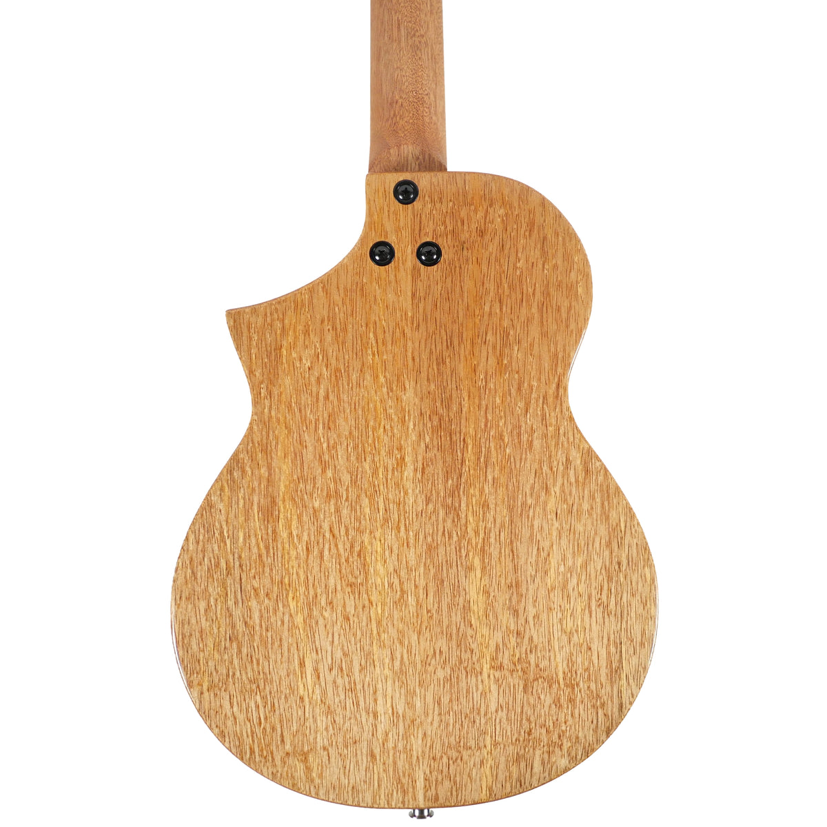 This rear view of the Flight Galaxy BL CE Baritone Ukulele highlights its natural solid mango back and cutaway body shape.