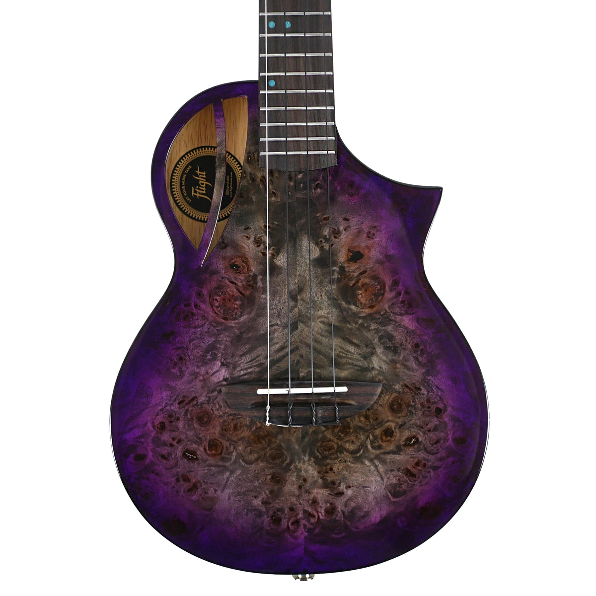 The Flight Aviator Galaxy TPP Tenor Ukulele showcases its solid poplar top with a striking Purple Galaxy gloss finish and cutaway design.