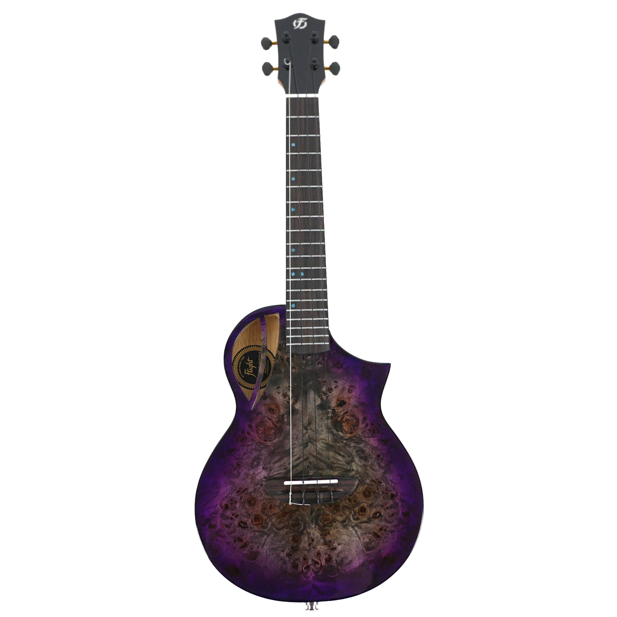 This full front view of the Flight Aviator Galaxy TPP Tenor Ukulele highlights its Purple Galaxy top, rosewood fretboard, and offset fret markers.