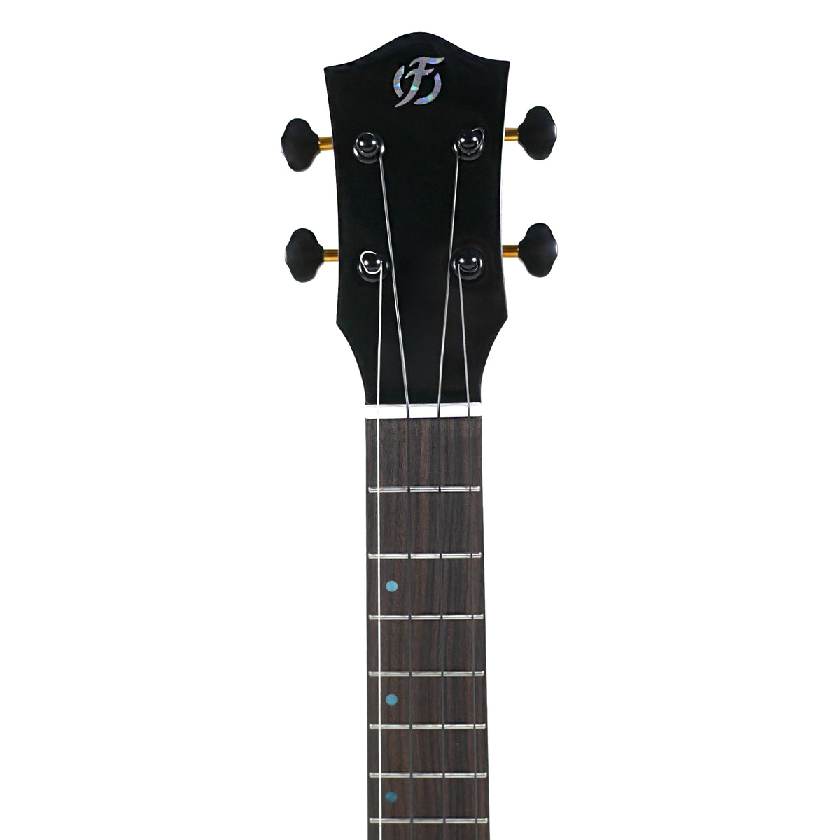 Flight Aviator QM Tenor headstock close-up shows the Flight logo, bone nut, black tuner buttons, and rosewood fretboard.