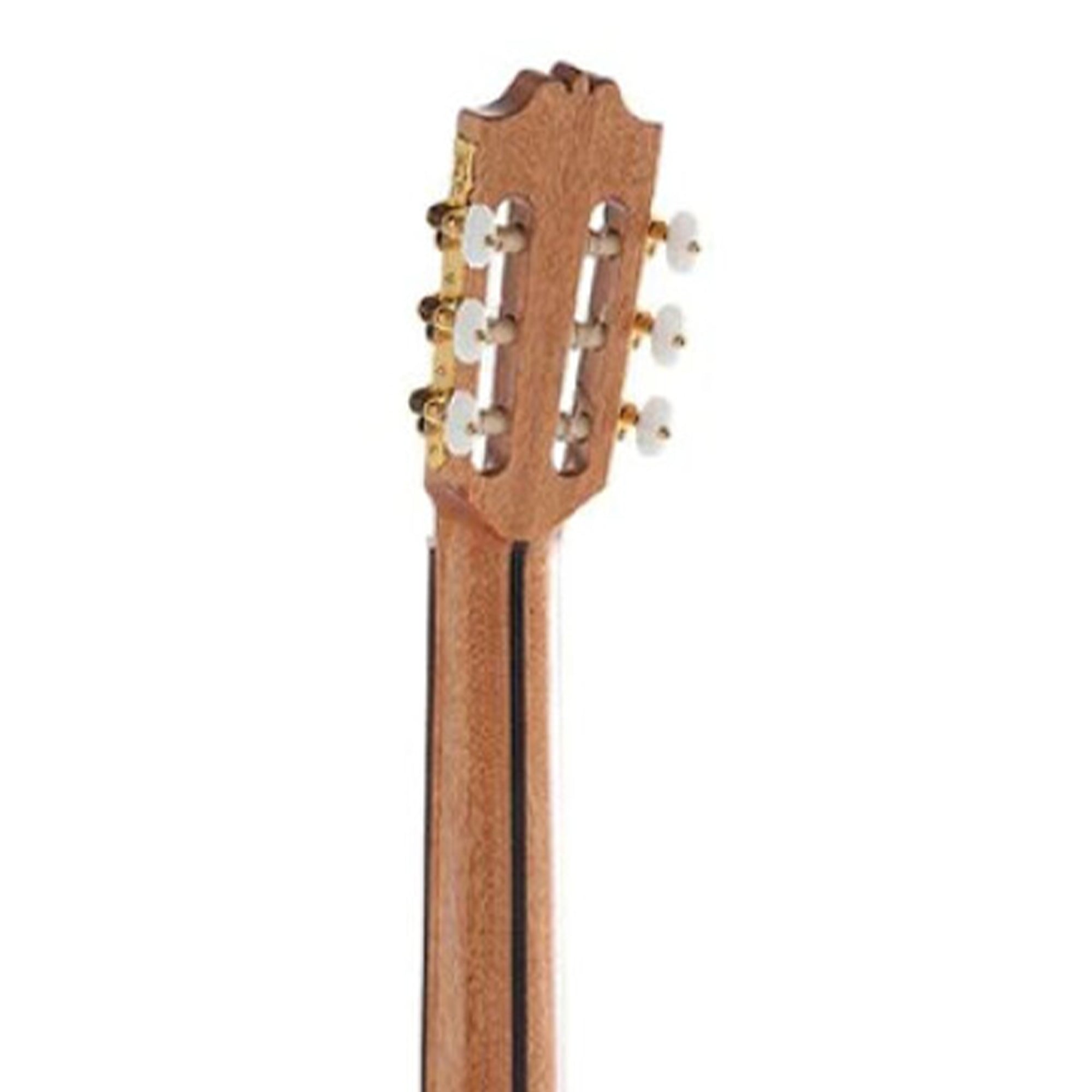 Close-up of a guitar headstock with tuning pegs on a white background