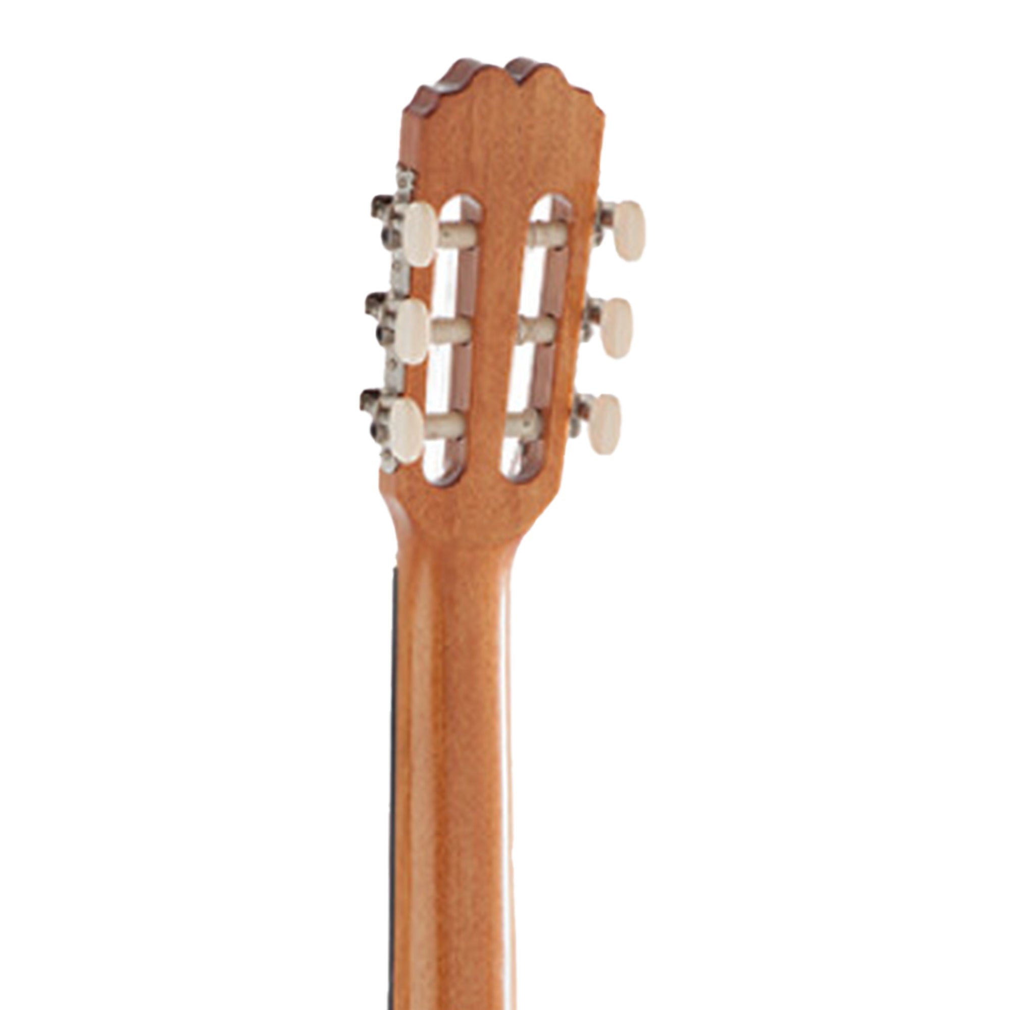 Close-up of a classical guitar's headstock with tuning pegs on a white background
