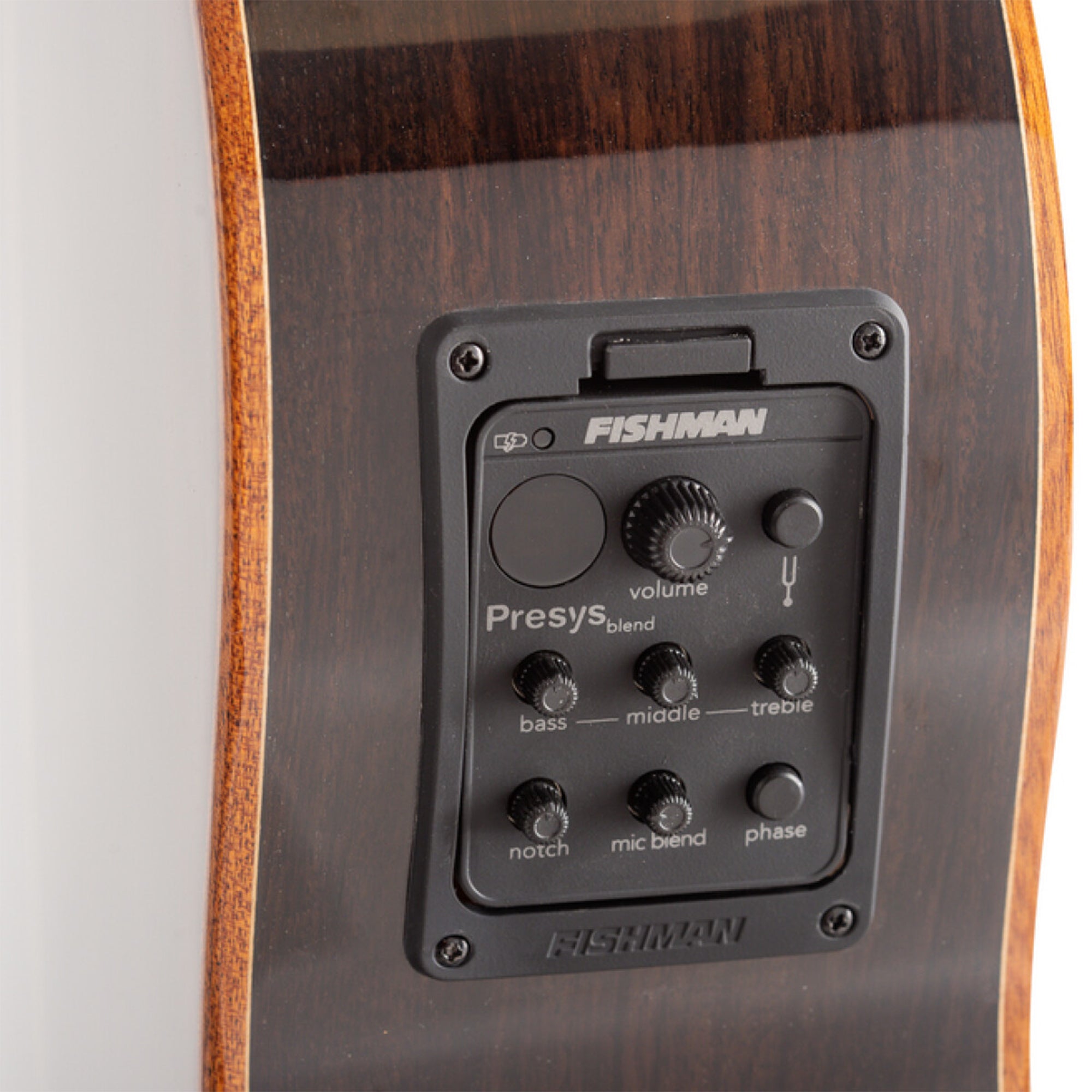 Close-up of Fishman audio control panel on a wooden guitar