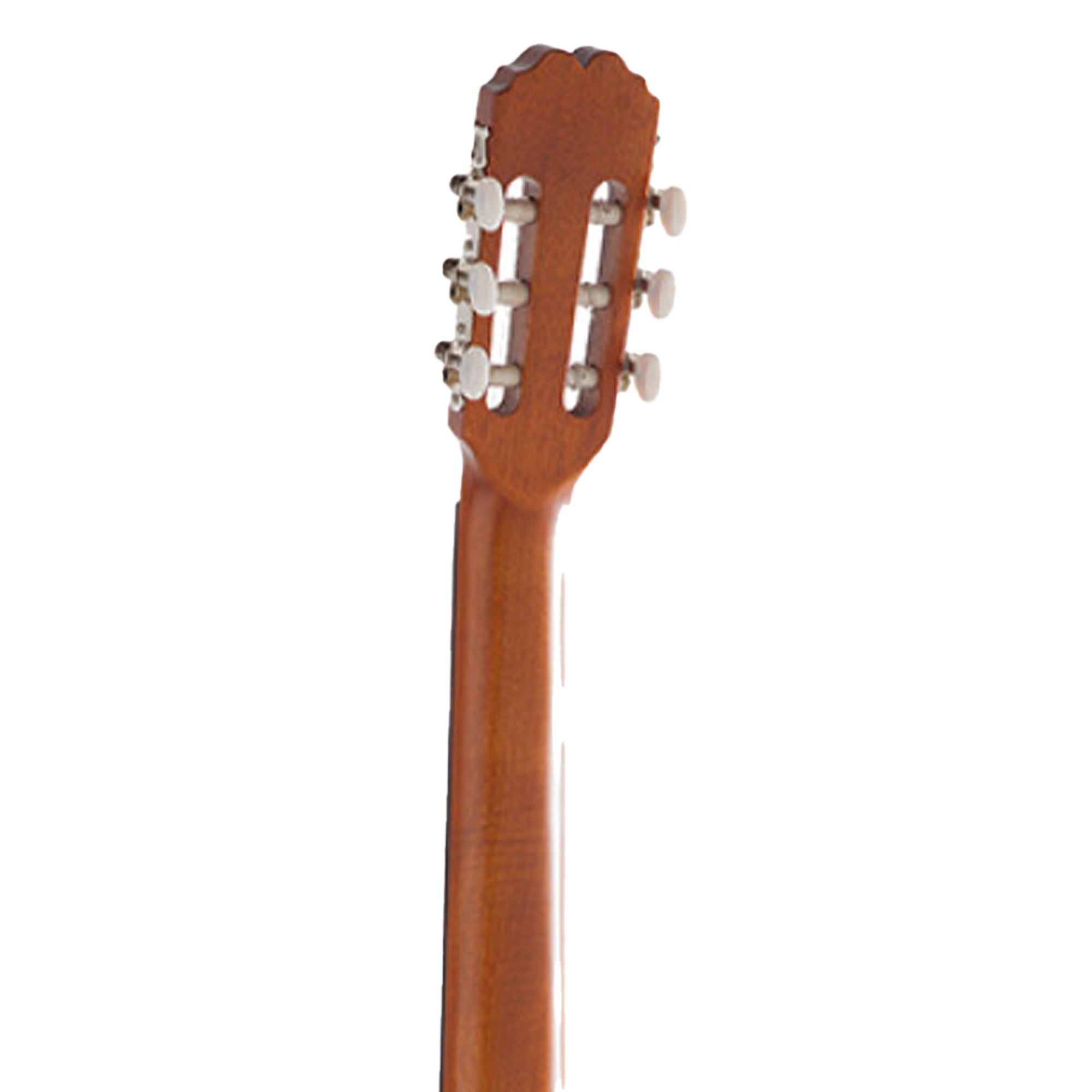 Close-up of a classical guitar's headstock with tuning pegs on a white background