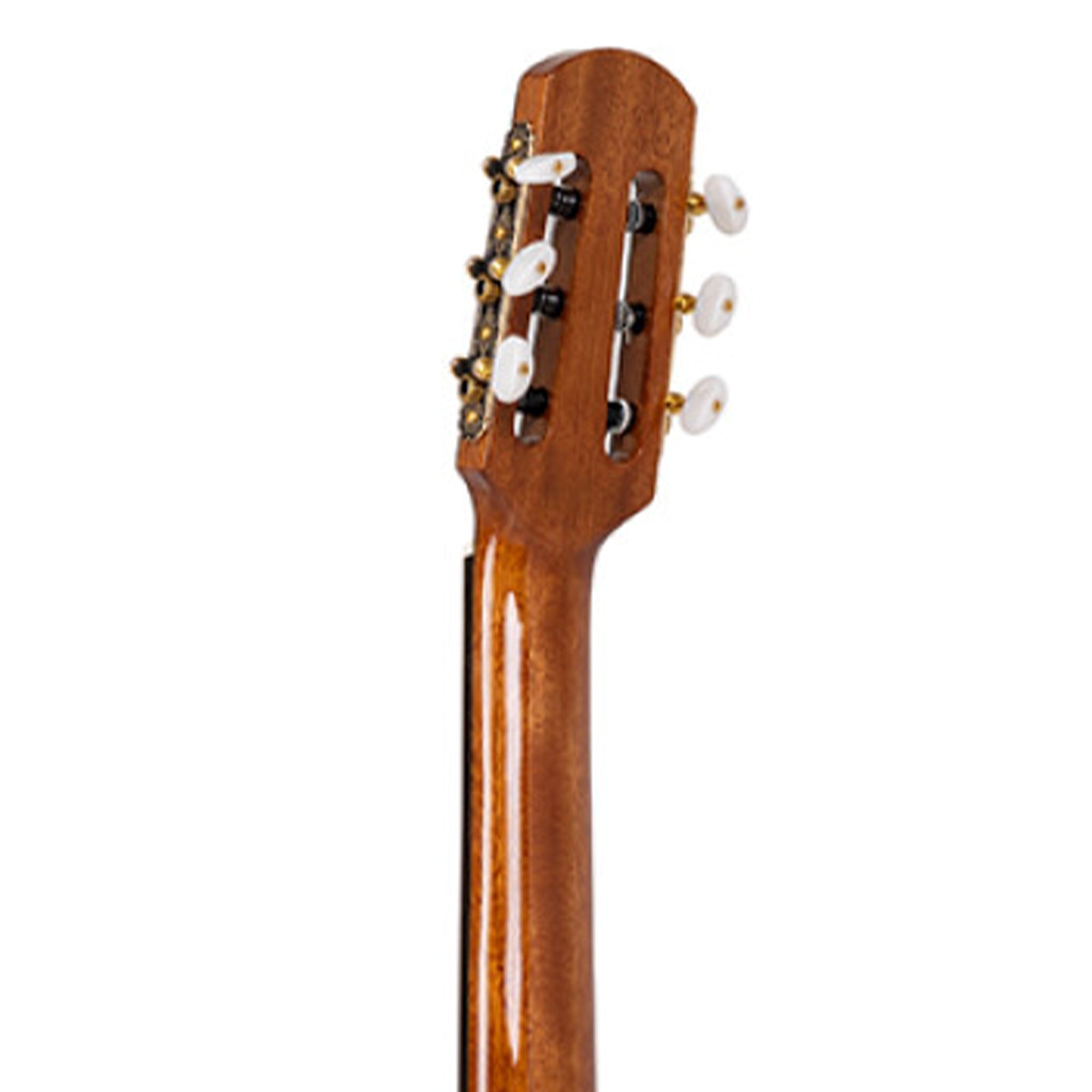 Close-up of a guitar headstock with tuning pegs on a white background