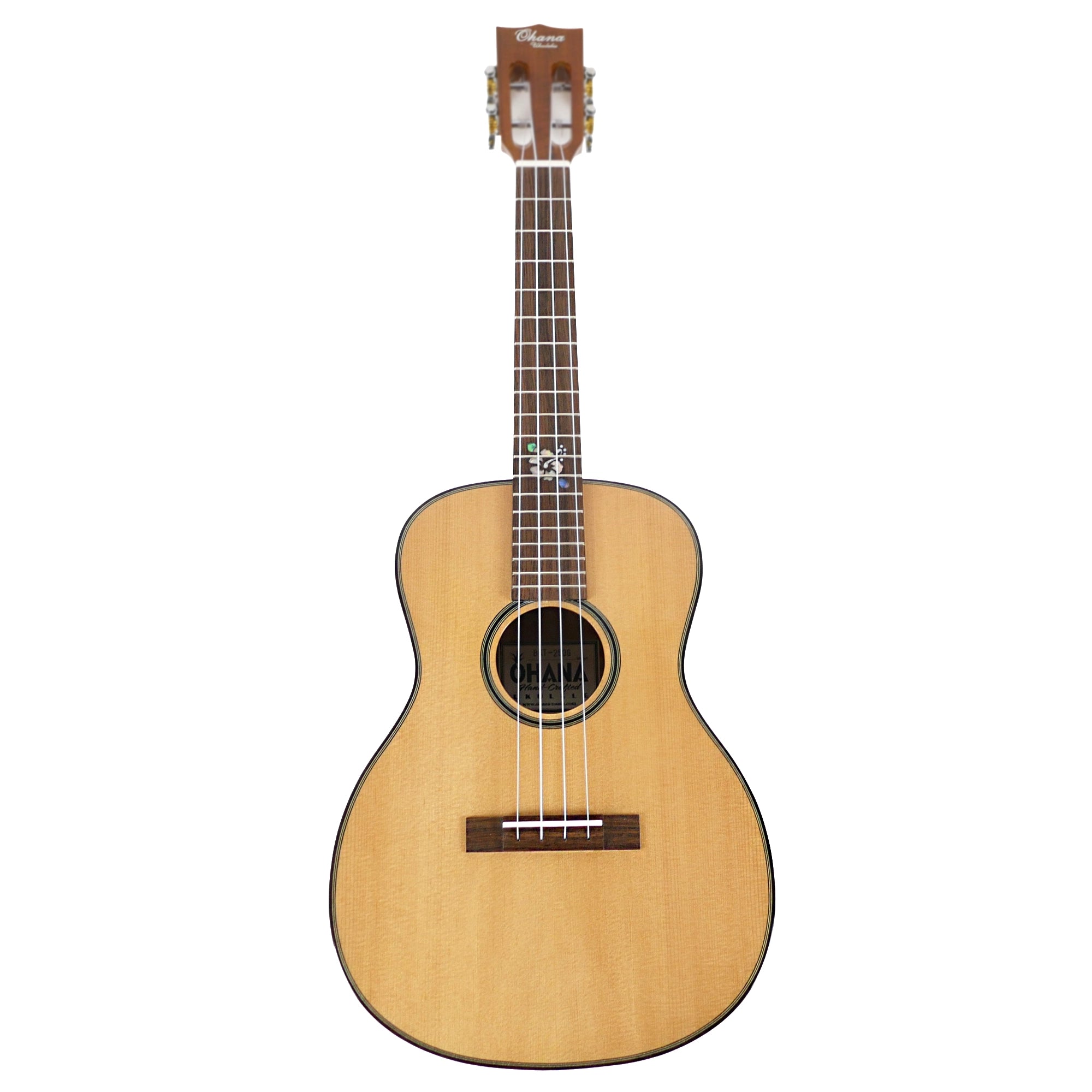 Full front view of the Ohana BKT-250G baritone ukulele with tenor neck, featuring a solid spruce top, gloss finish, and classic slotted headstock.