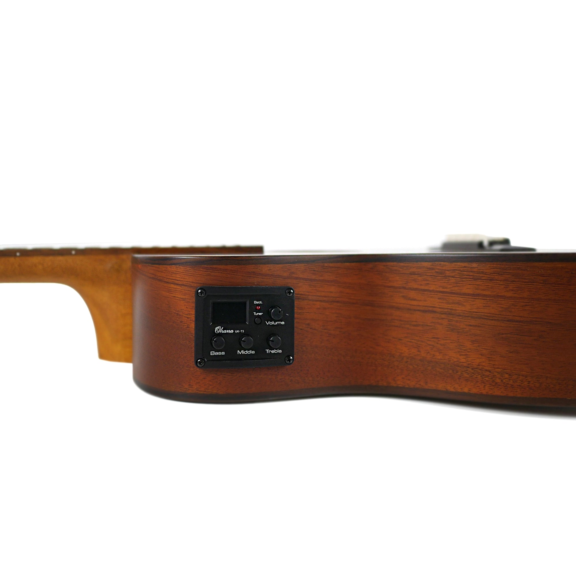 Close-up side view of the BK-35CE showing the onboard pickup and preamp control panel set into the solid mahogany body.
