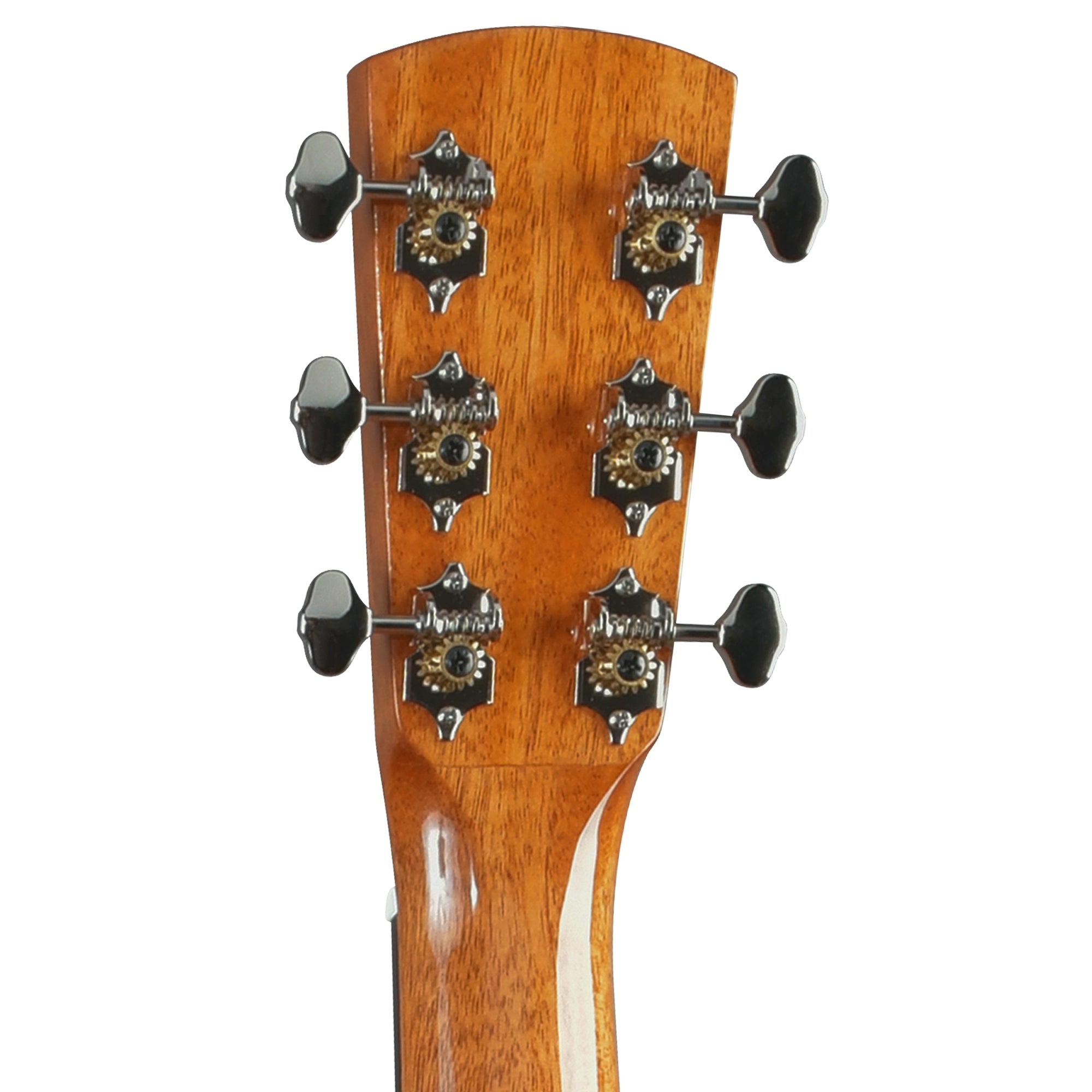 Close-up of the headstock of an acoustic guitar, showing six tuning pegs and the wood grain finish on a white background.