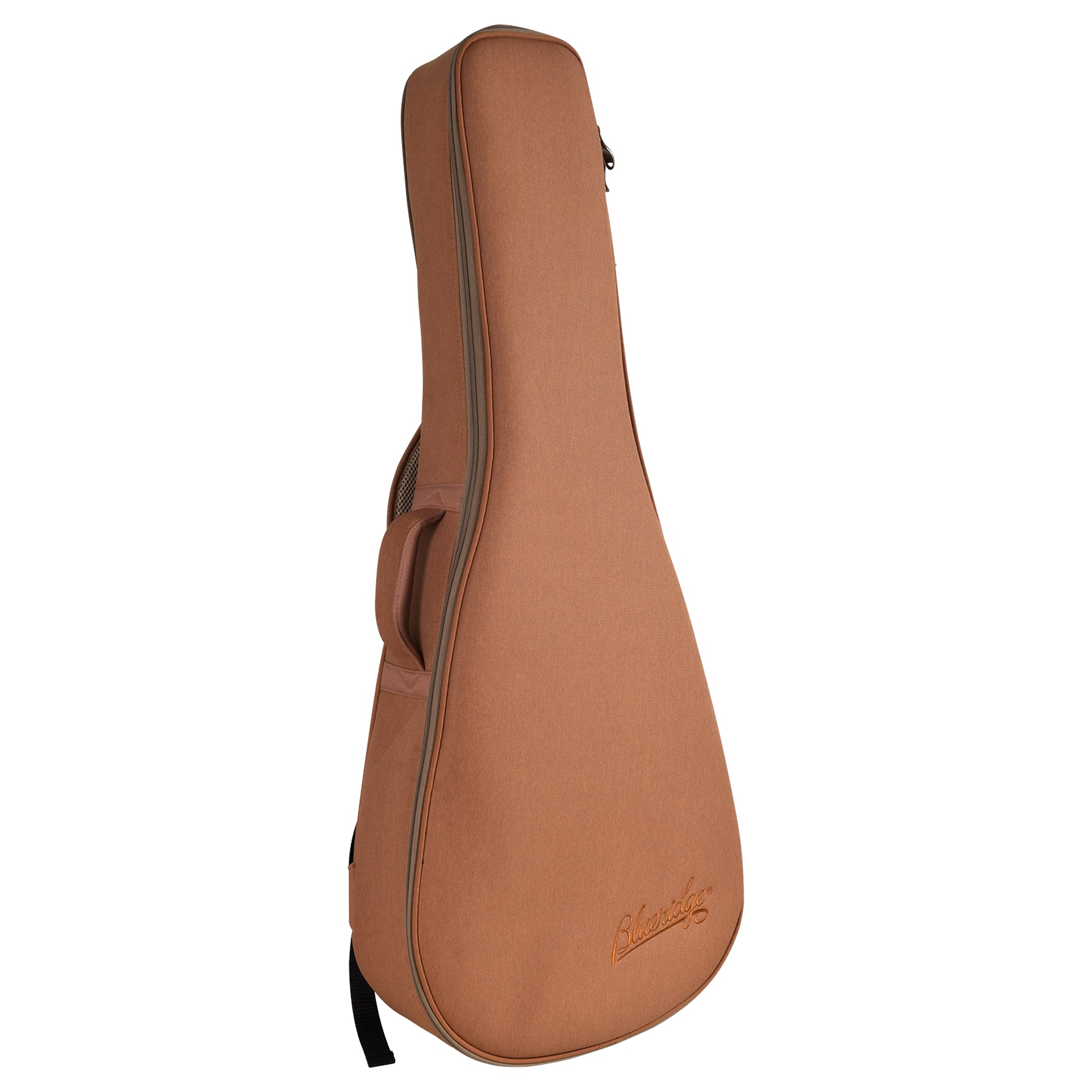 A tan ukulele gig bag with a black zipper and a small brown script logo near the bottom, shown against a plain white background.