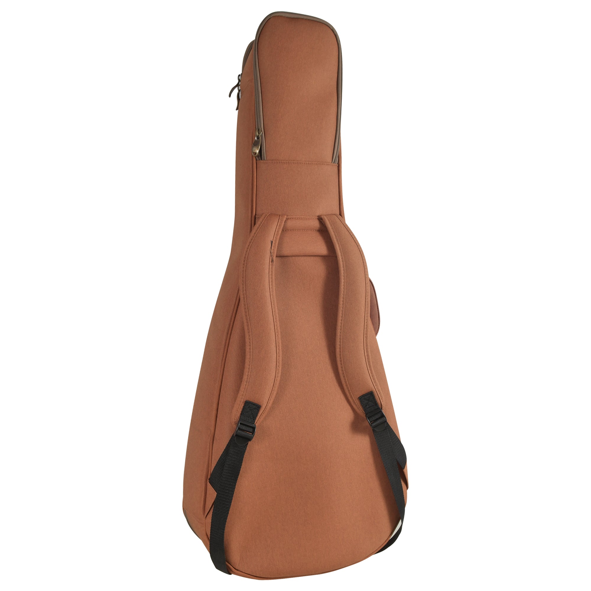 A brown soft-sided guitar or instrument gig bag with black shoulder straps, shown from the back against a plain white background.