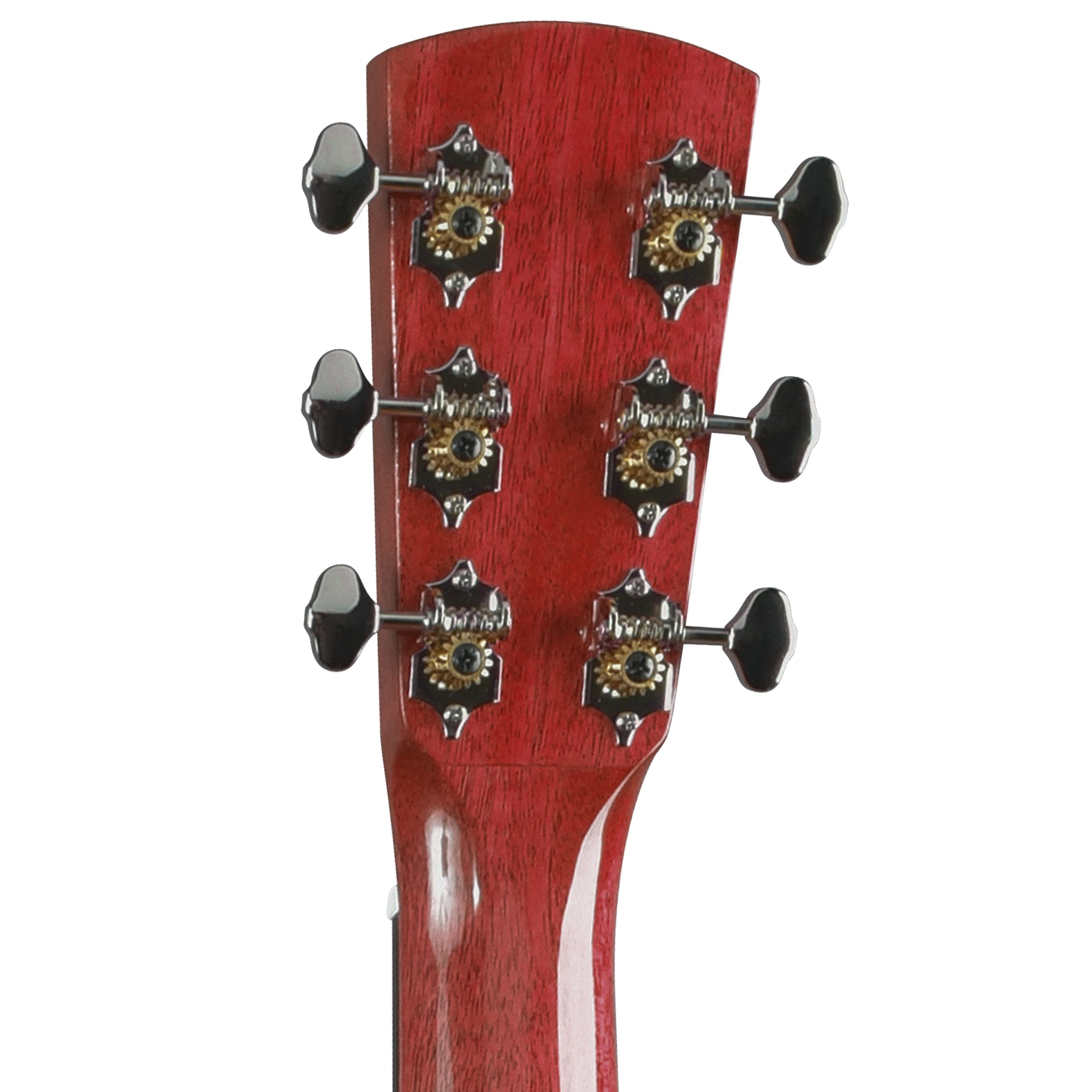 Close-up of a guitar headstock with a glossy red finish and six black-and-silver tuning pegs on a plain white background.