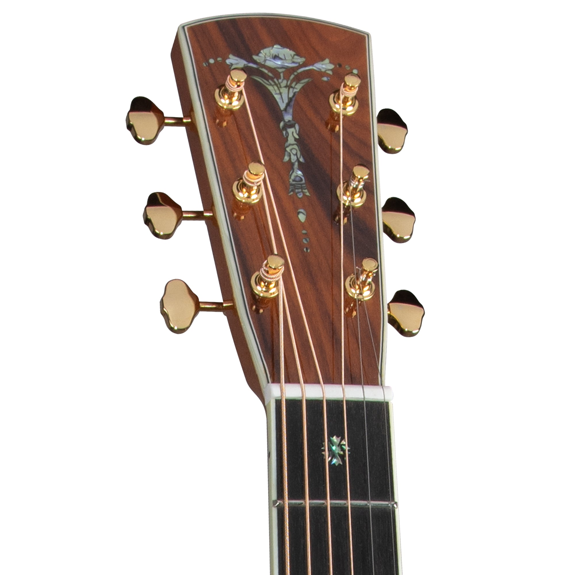 Close-up of the headstock of a six-string acoustic guitar, showing a dark reddish-brown wood finish, gold tuning pegs, and a decorative inlay on a white background.