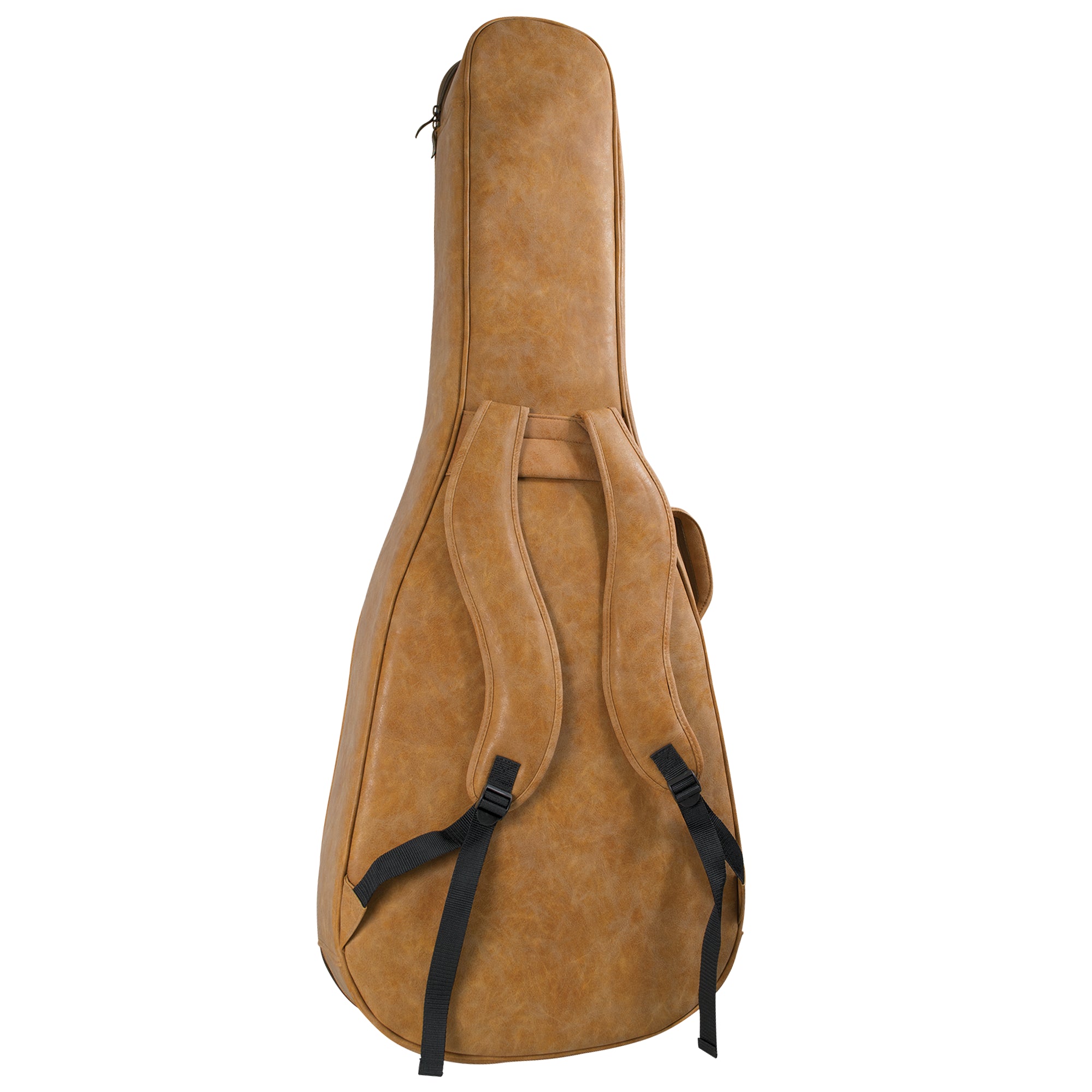 A tan faux-leather guitar or ukulele instrument case with black shoulder straps, shown from the back against a plain white background.