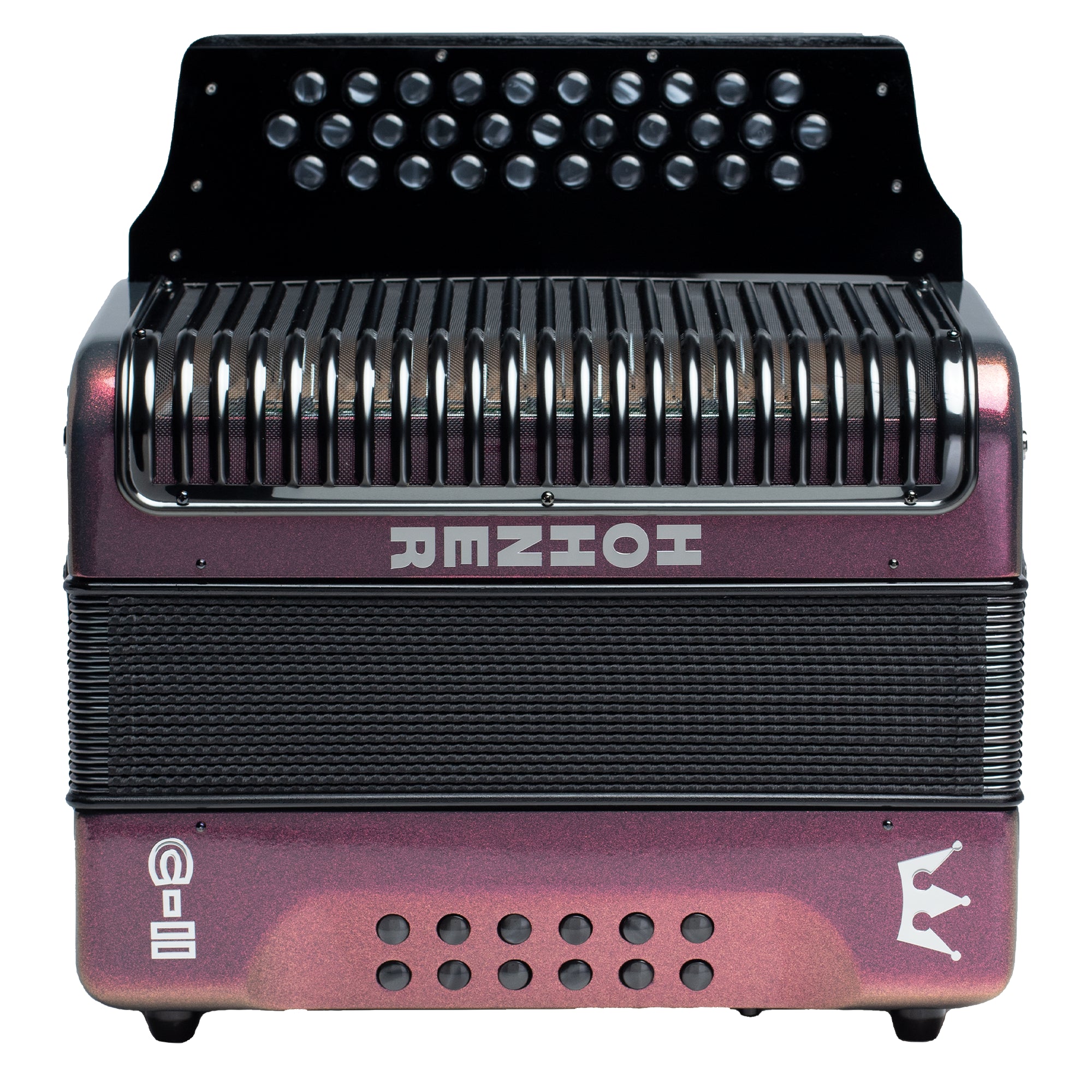 A compact Hohner Corona C-II Red to Gold in a metallic rose gold finish with black accents, featuring a black bellows and a white brand logo on the front.