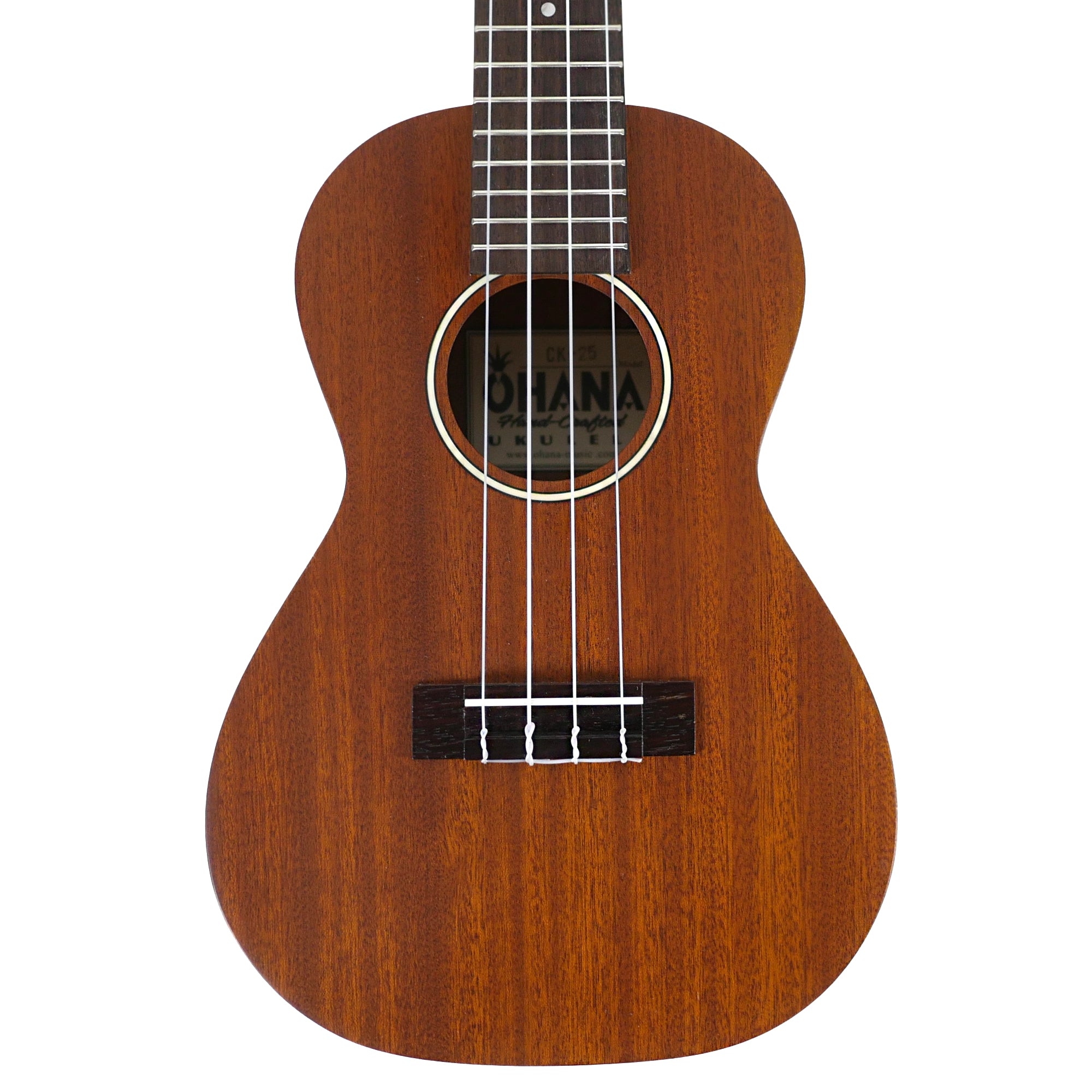Close-up front view of the Ohana CK-25 highlighting its solid mahogany top, hardwood bridge, and black-and-white rosette.