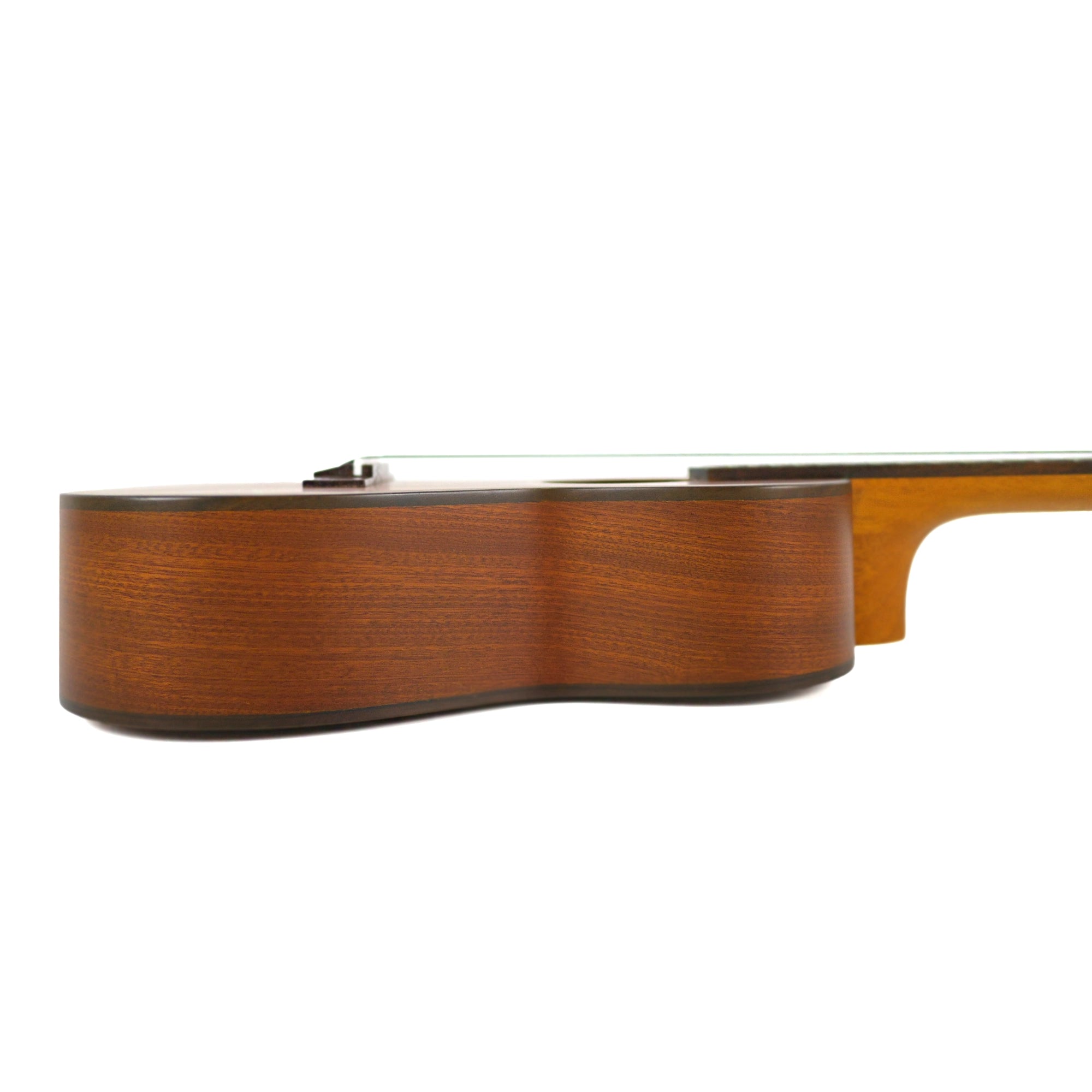 Side profile highlighting the solid mahogany sides, hardwood binding, and satin finish of the Ohana CK-35-8.