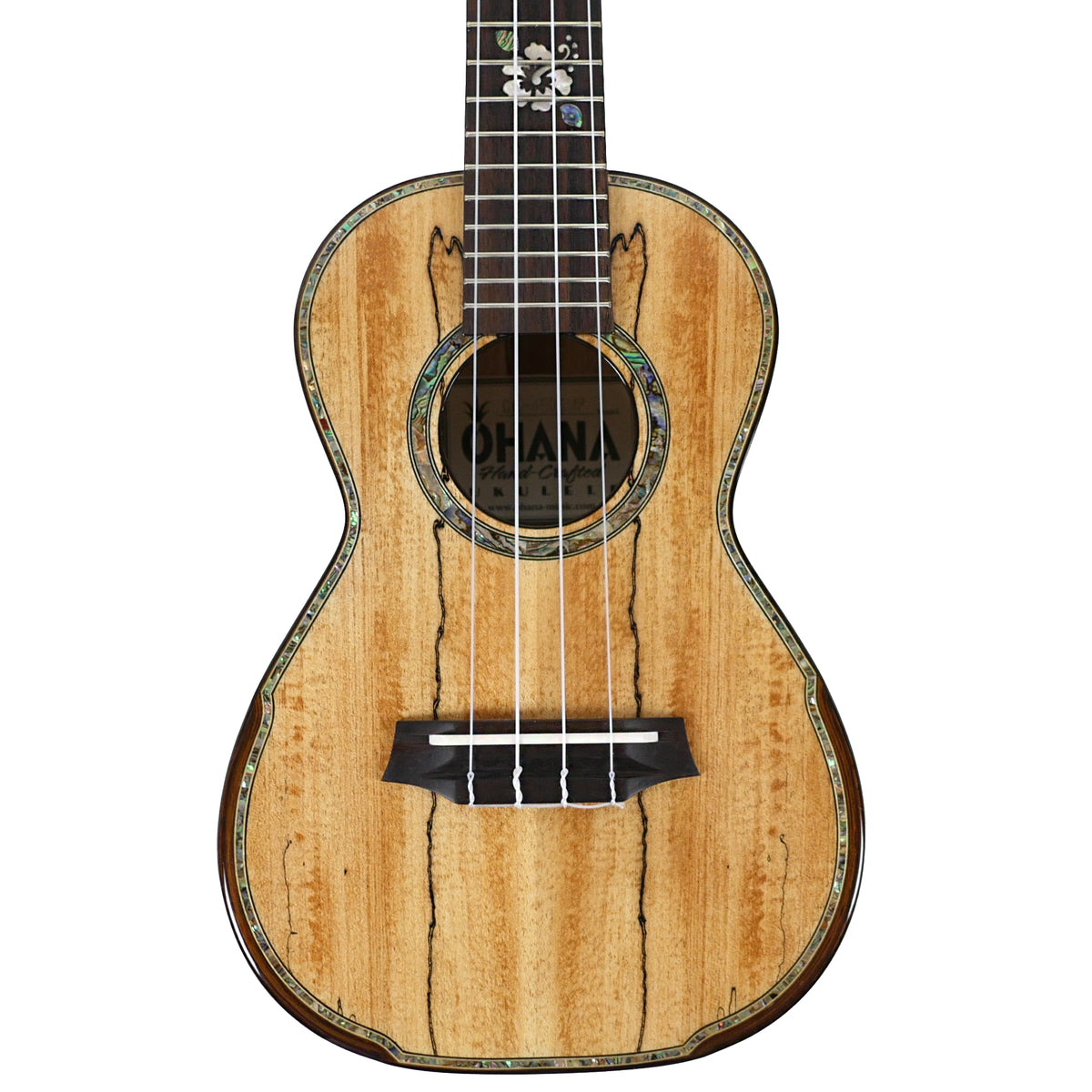The Ohana CK-450SMP Concert Ukulele close-up highlights its solid spalted maple top, abalone rosette, purfling, and hardwood bridge.