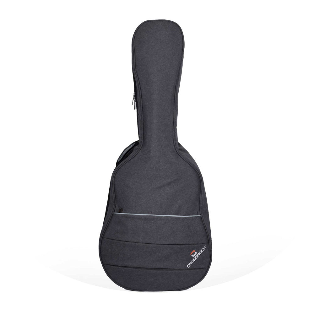 Crossrock CRF6000DGC gray padded dreadnought case cover, front, with zip pocket across the lower body and Crossrock logo