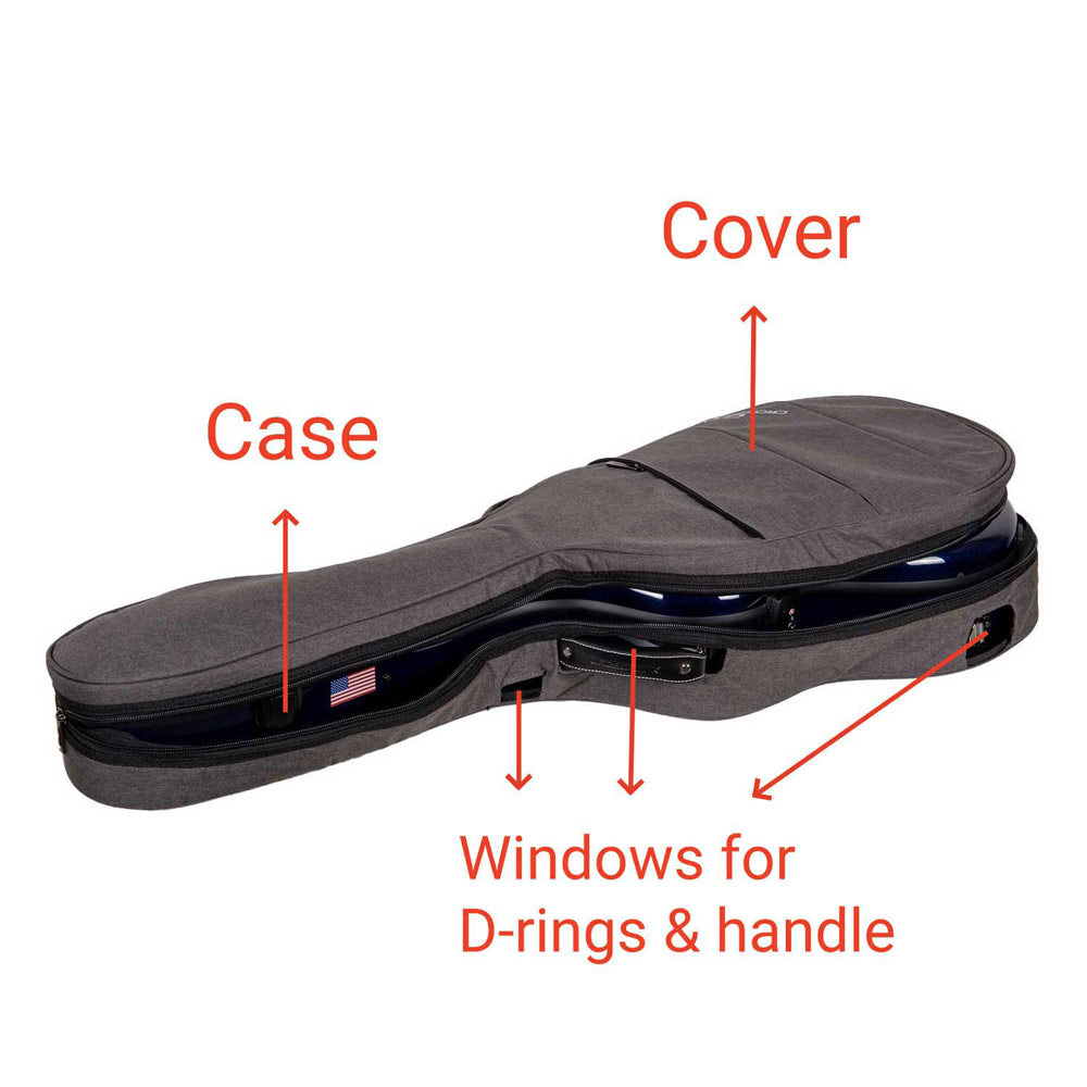Crossrock CRF6000DGC cover half unzipped over a blue fiberglass case, labeled windows for the D-rings and handle