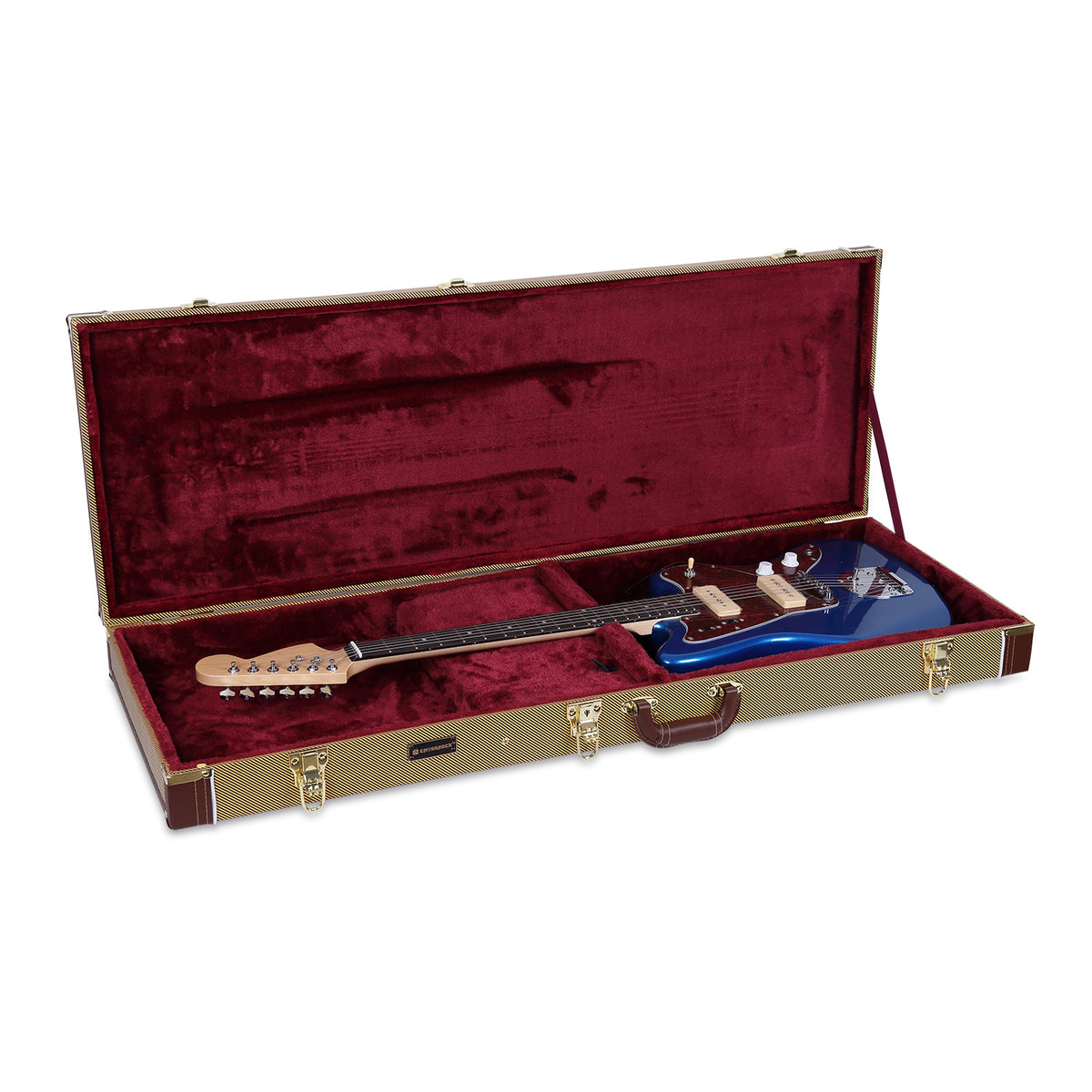 Crossrock CRW620JM tweed wood Jazzmaster/Jaguar style electric guitar case, detail view.