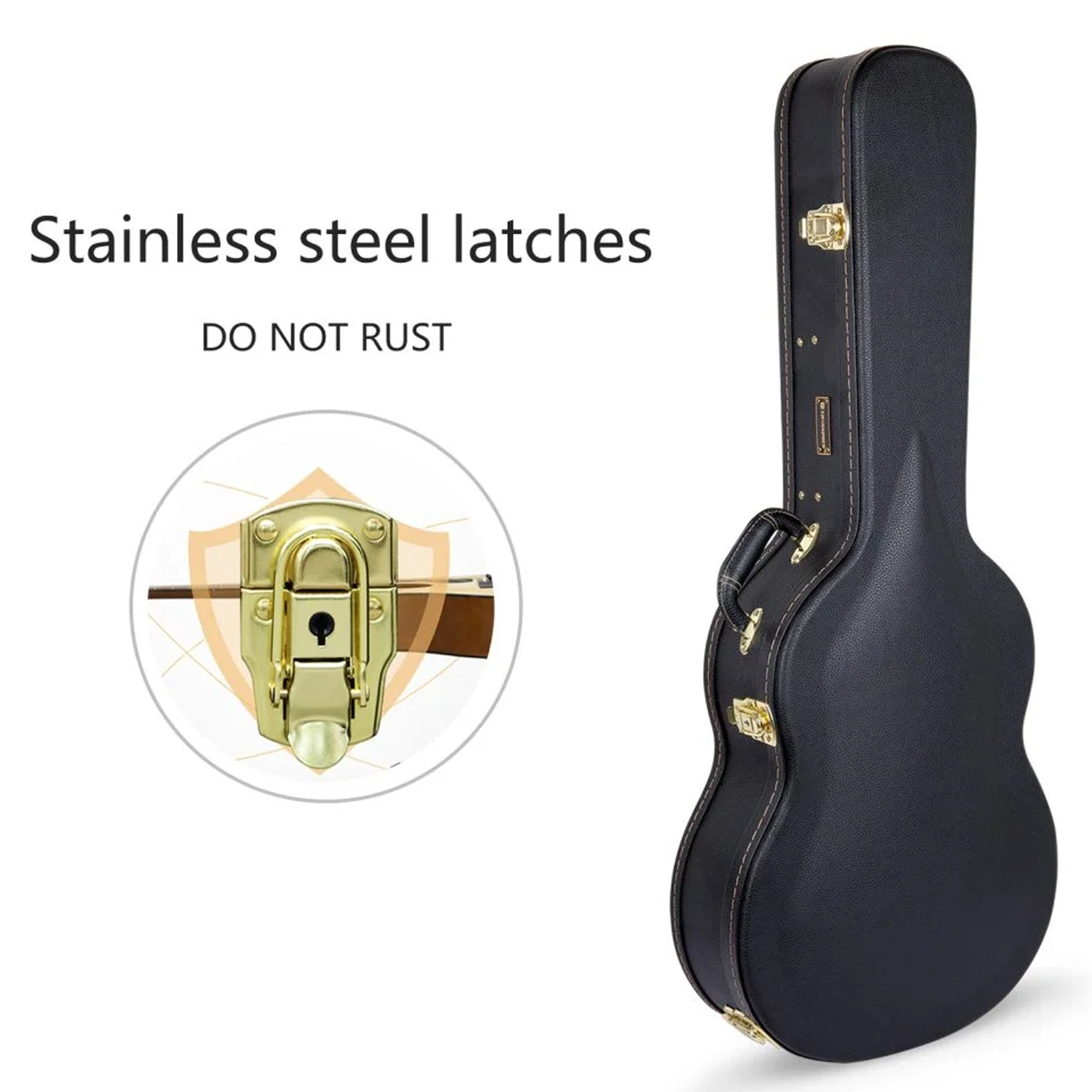 Black guitar case with stainless steel latches on a white background