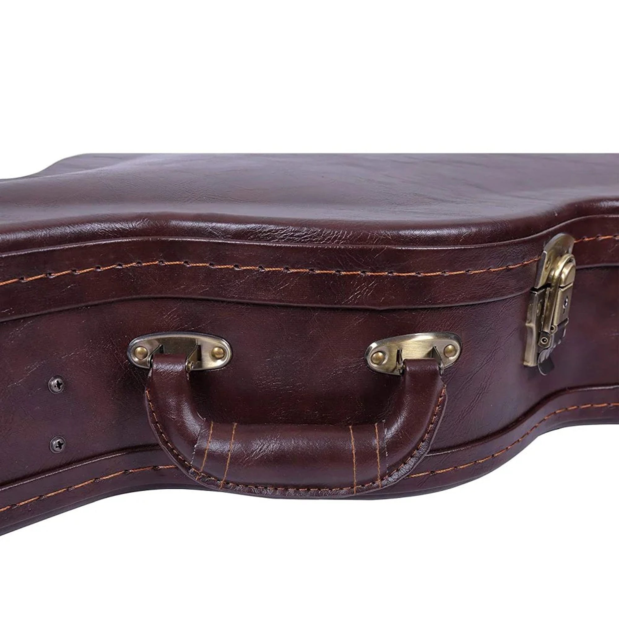Close-up of a brown leather guitar case with gold hardware on a white background
