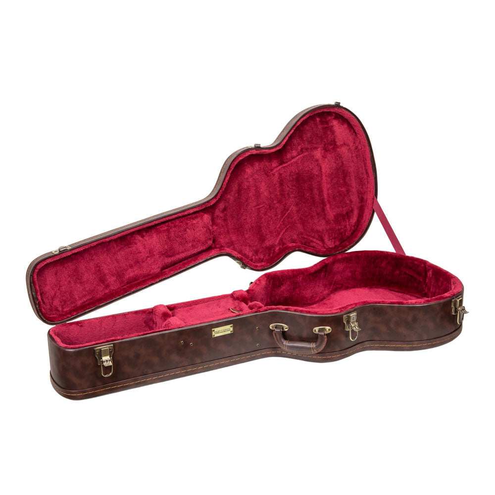 Crossrock CRW620JA16 brown archtop jazz guitar case open, showing red plush interior