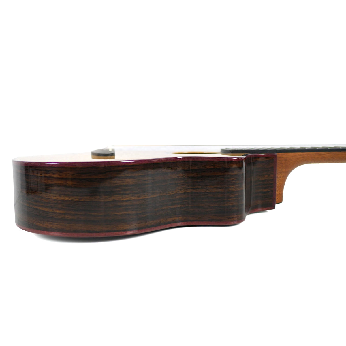 The side view of the Kala CTD-SSRW-TG-C Tenor Ukulele showcases its deluxe solid rosewood sides and purpleheart binding.