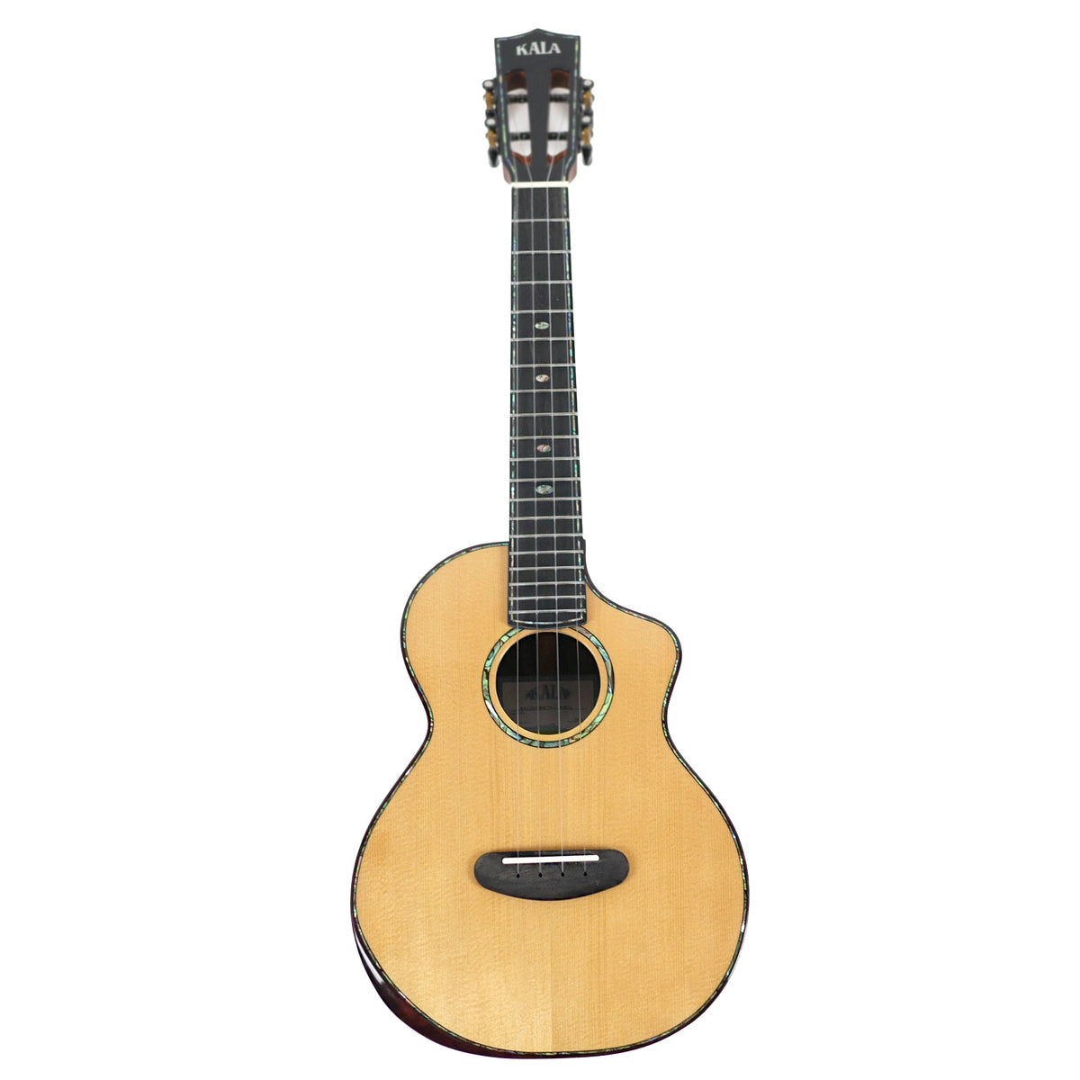 The Kala CTD-SSRW-TG-C Tenor Ukulele front view displays its solid spruce top, Venetian cutaway, abalone rosette, and ebony fretboard.
