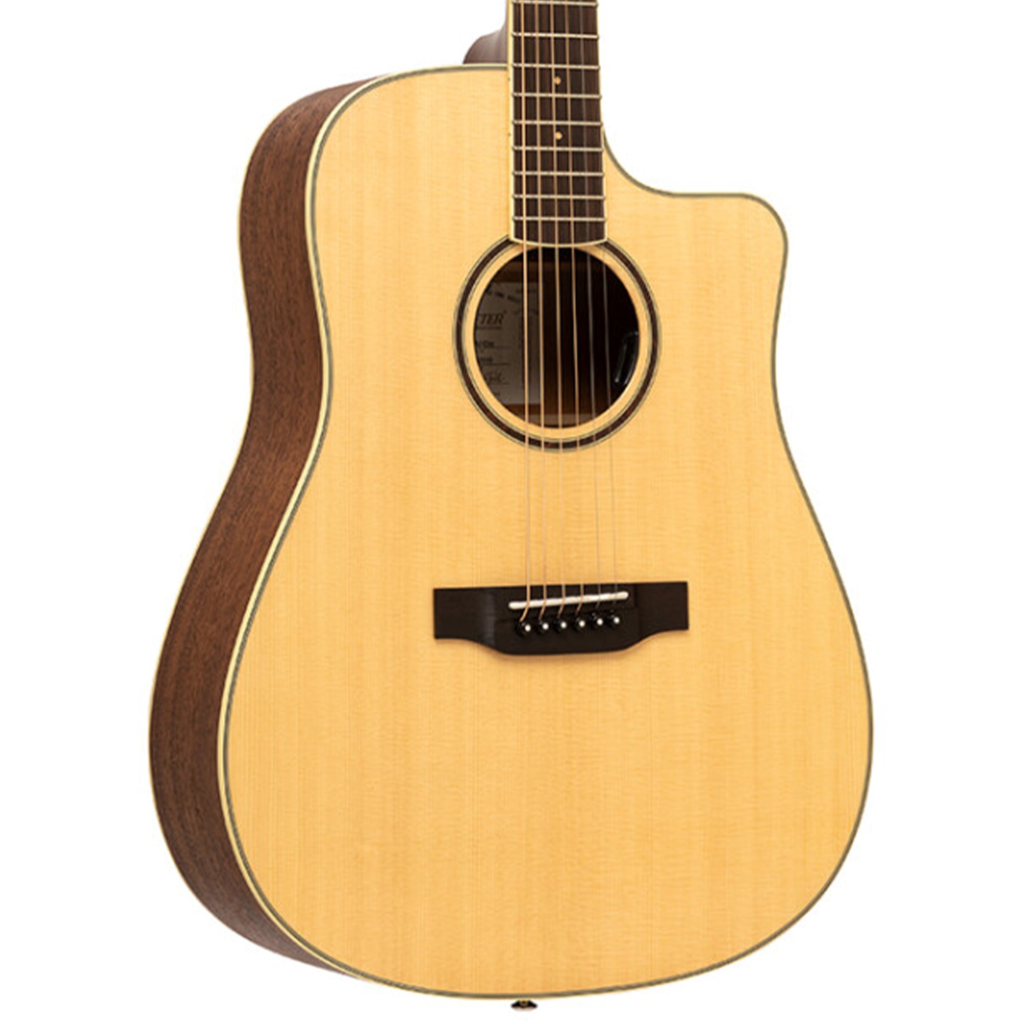 Crafter ES-MAHO DCE guitar with a wooden body and brown edges on a white background