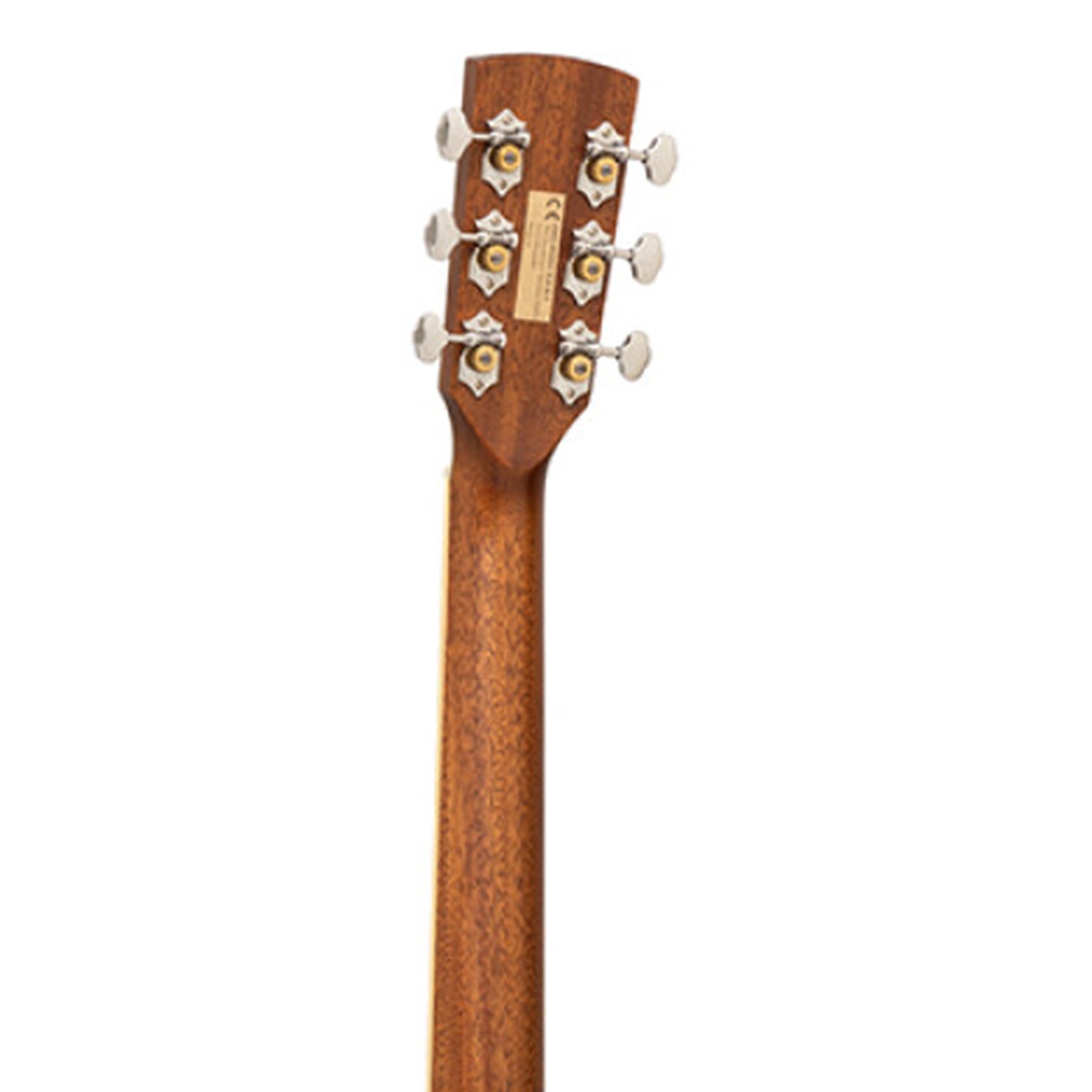 Close-up of the headstock and neck of a wooden six-string acoustic guitar against a solid white background.